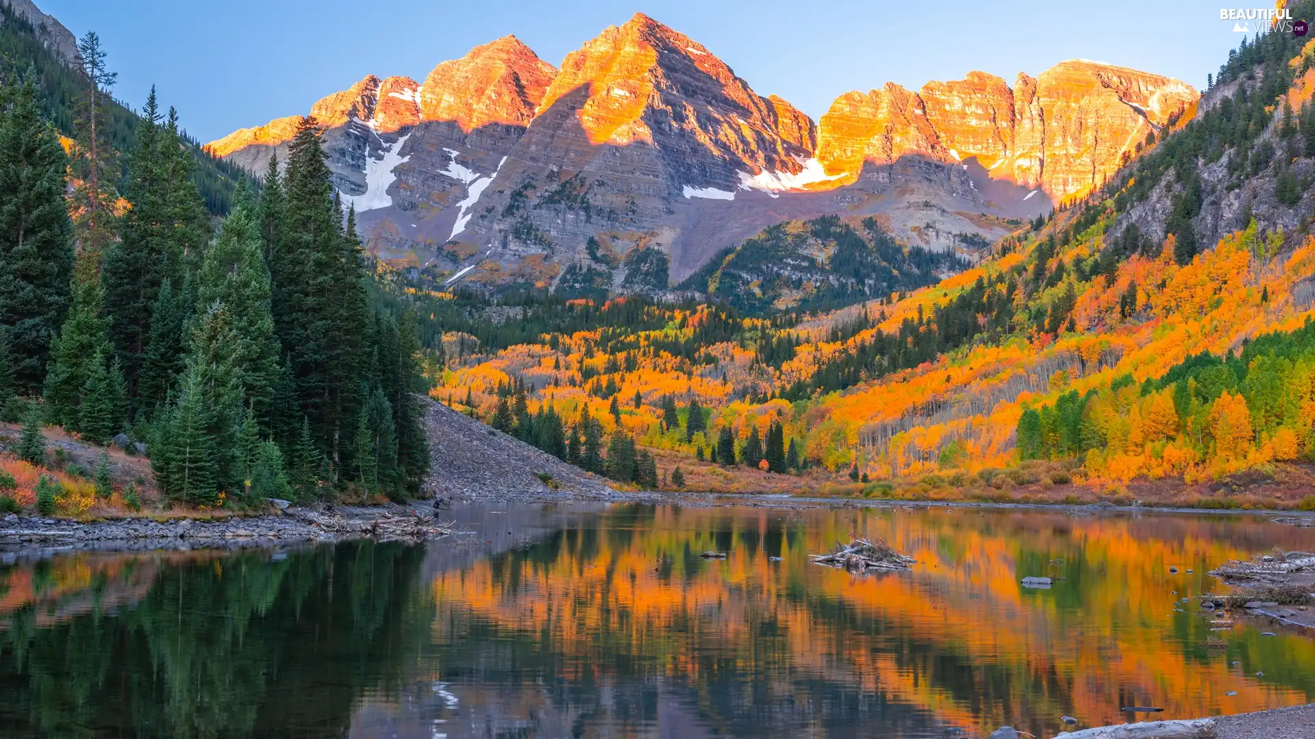 trees, Maroon Bells Peaks, State of Colorado, Maroon Lake, rocky mountains, viewes, The United States