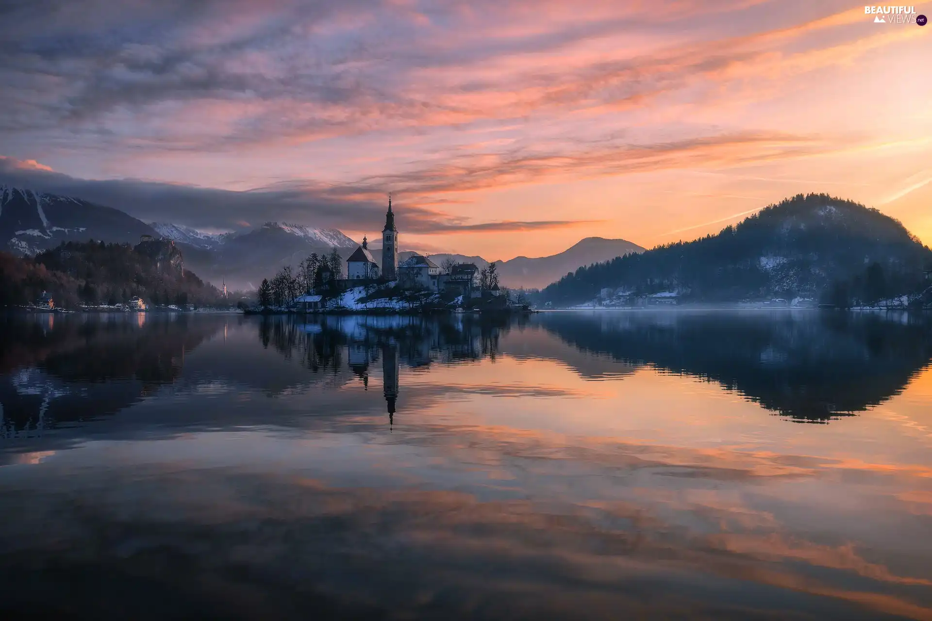 Church of the Annunciation of the Virgin Mary, Sunrise, Lake Bled, Blejski Otok Island, Slovenia