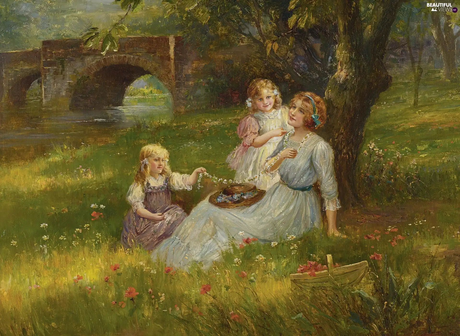 Meadow, Flowers, Two, girls, Women