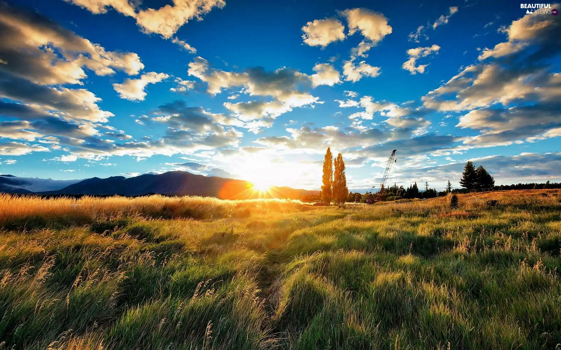 Field, clouds, rays, The Hills, dark, Meadow, sunny