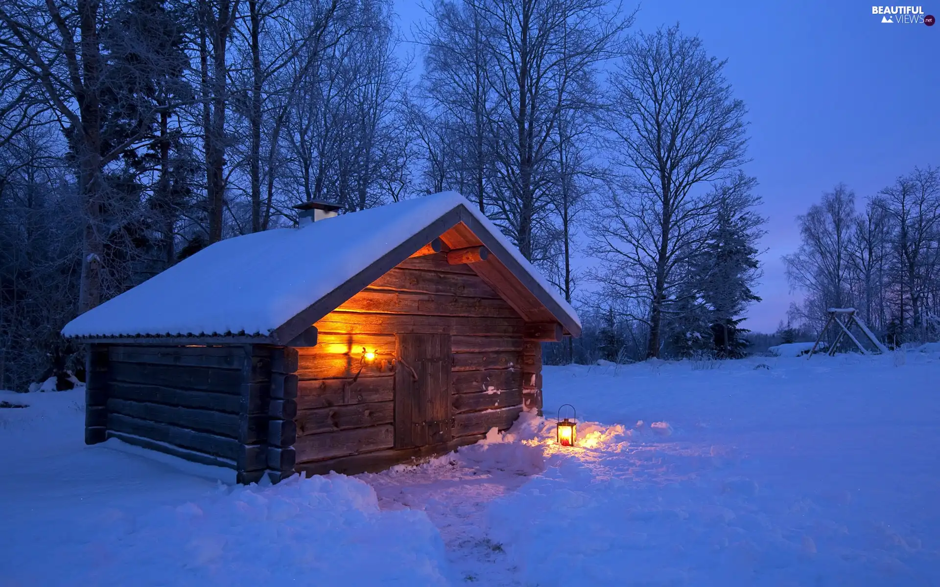 Floodlit, forest, lantern, winter, Home, car in the meadow