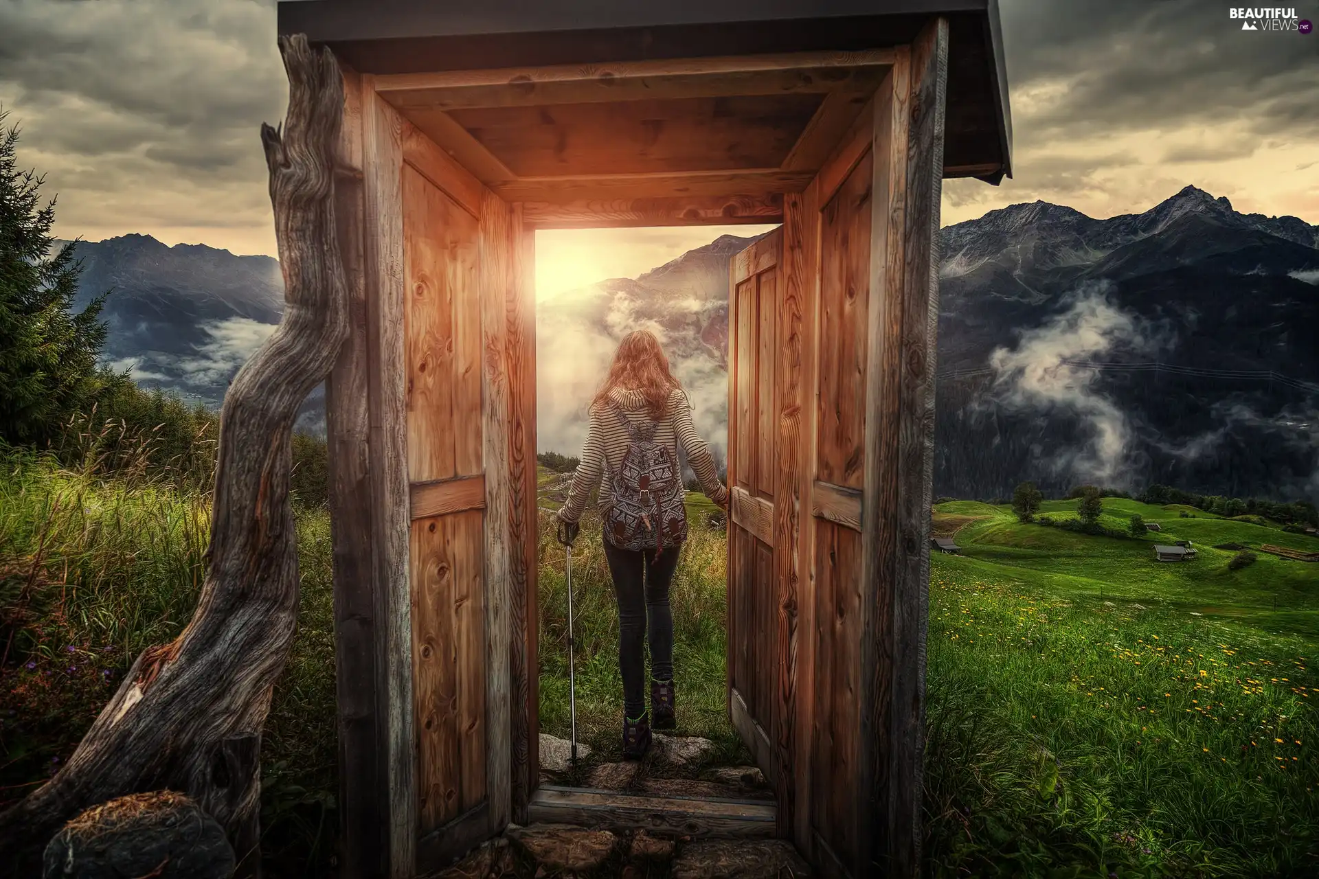 Mountains, Doors, Meadow, Women