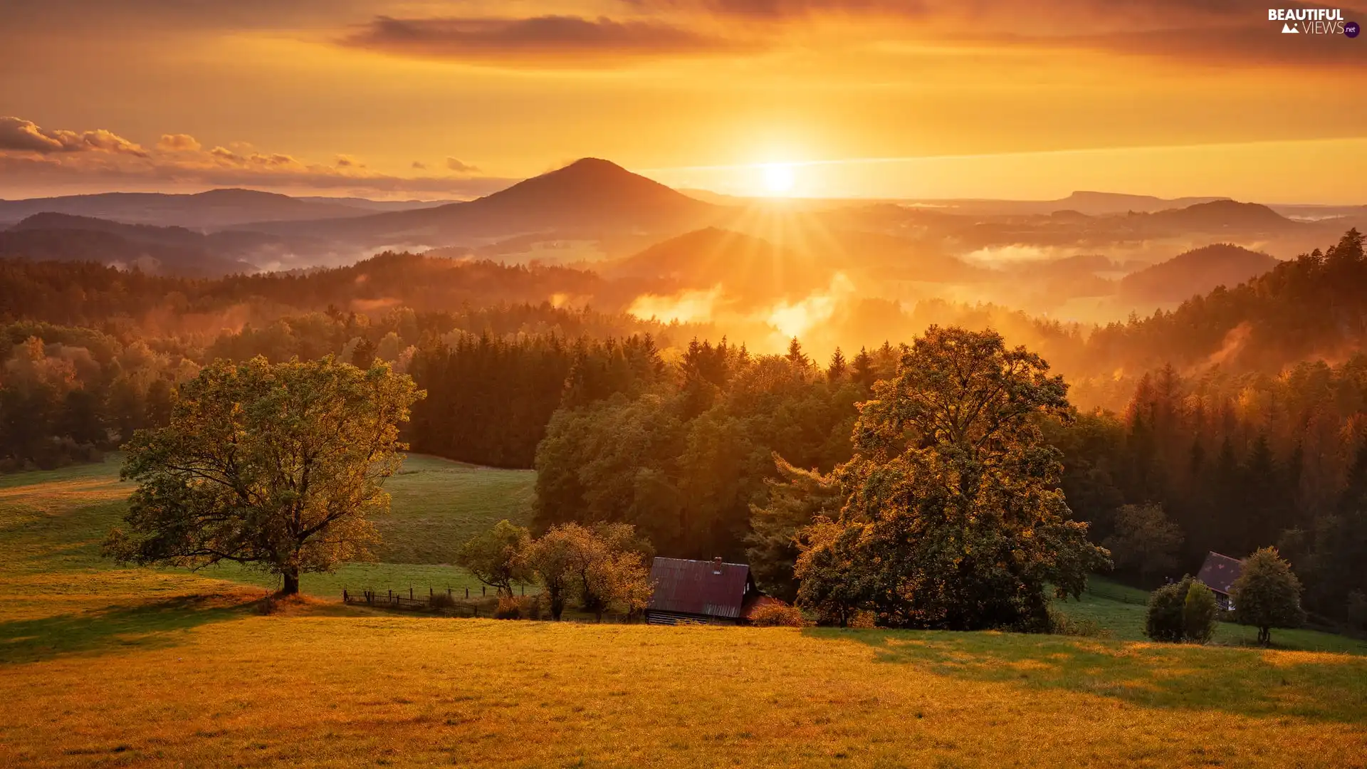 Meadow, Sunrise, viewes, rays of the Sun, trees, Mountains