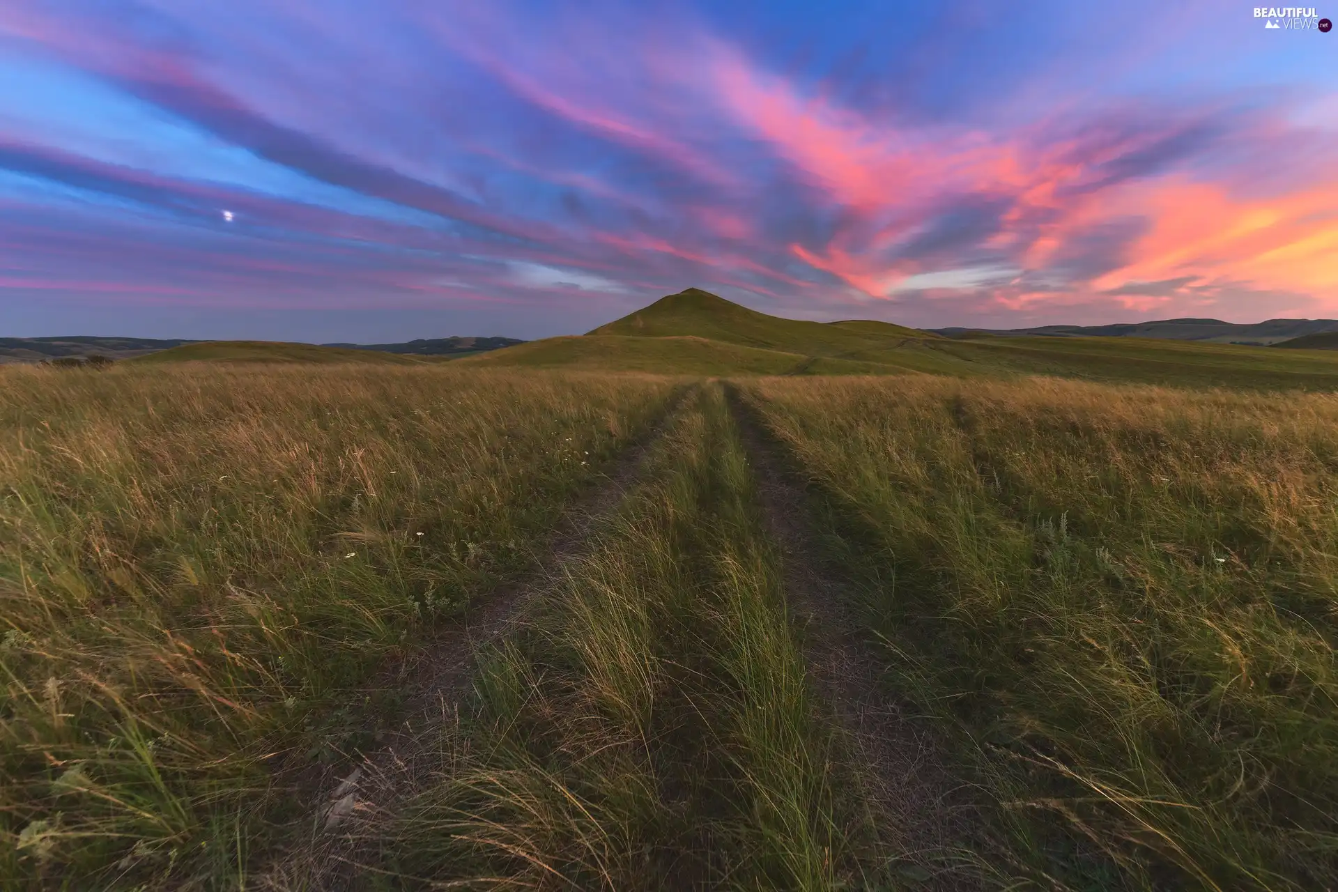 clouds, Great Sunsets, Meadow, grass, The Hills