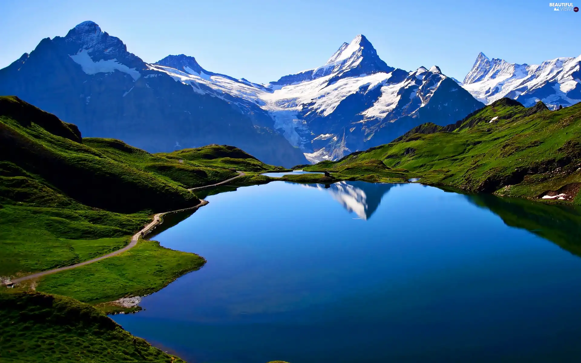 medows, Way, Bechalpsee, Mountains, lake