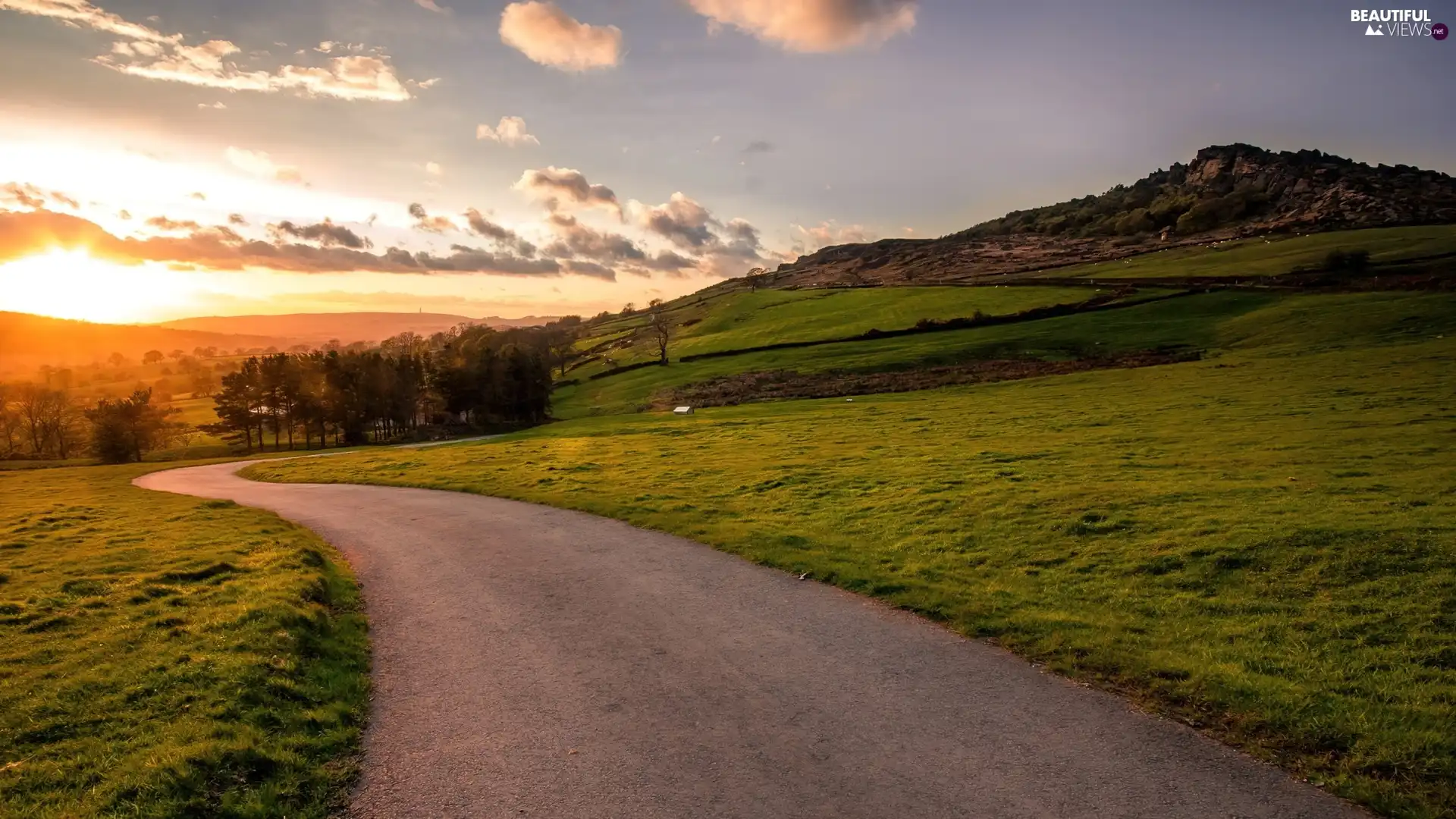 Way, Great Sunsets, medows, Mountains