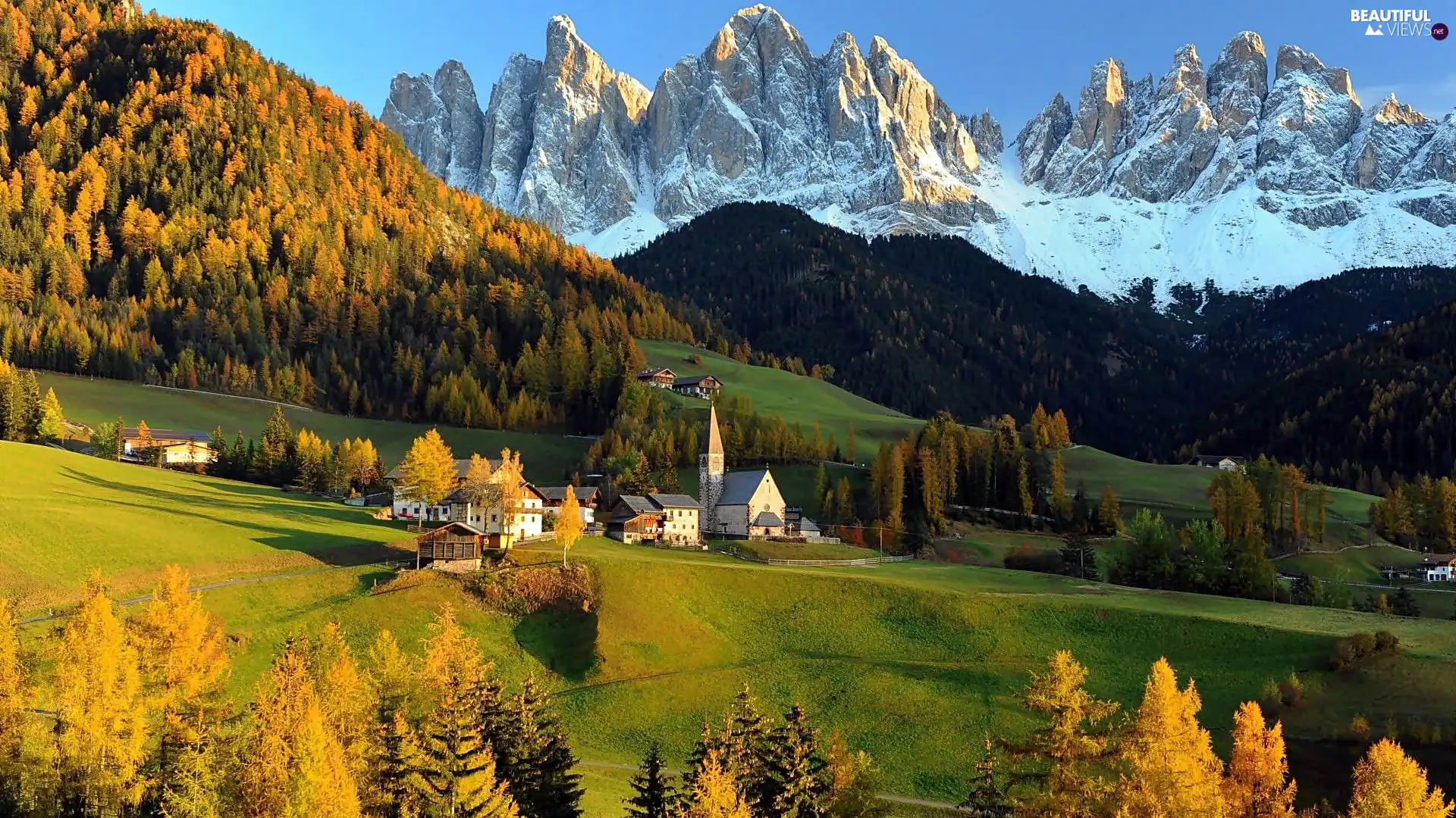 woods, medows, sun, Houses, west, Alps, autumn, Church