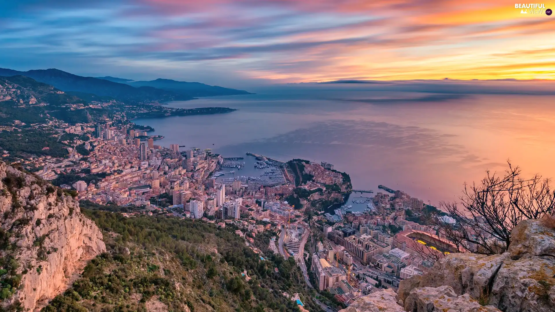 Mountains, Sunrise, Town, Monaco, rocks, sea