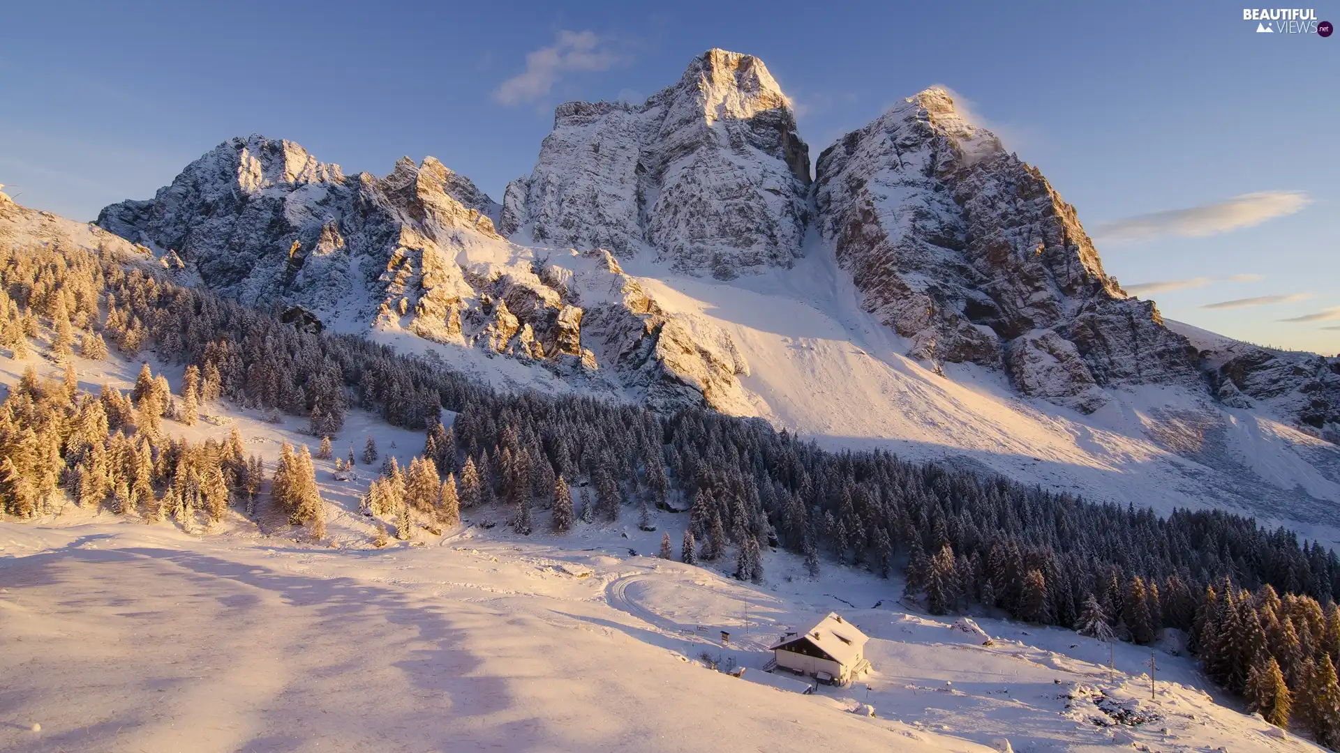 Monte Pelmo Mountain, Italy, forest, house, winter, Dolomites Mountains