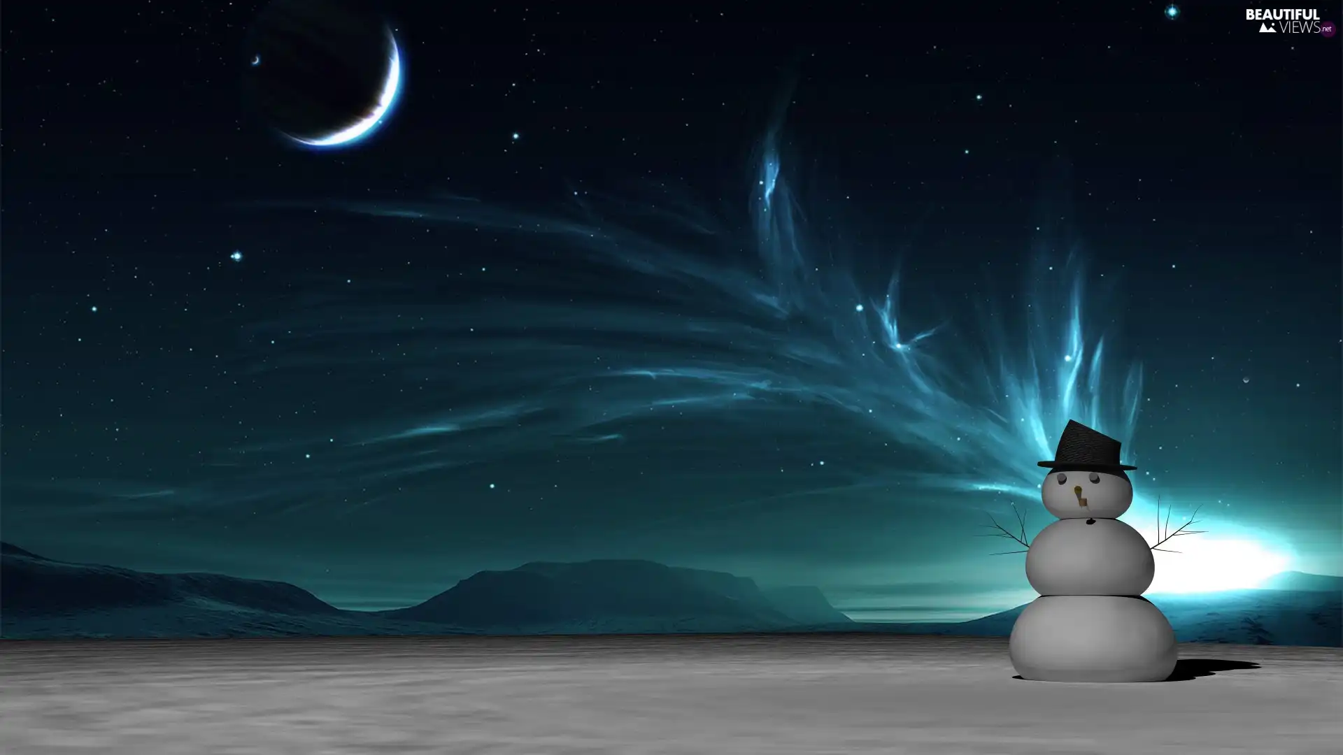 Snowman, winter, moon, aurora polaris
