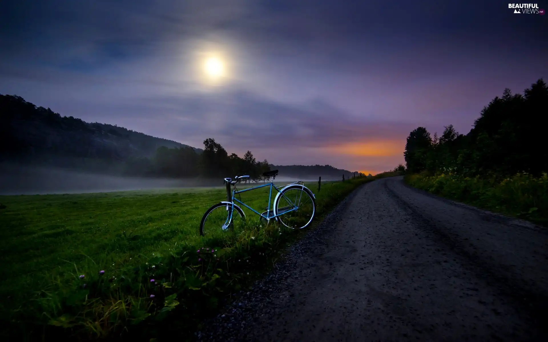 Bike, Fog, Moon, Way