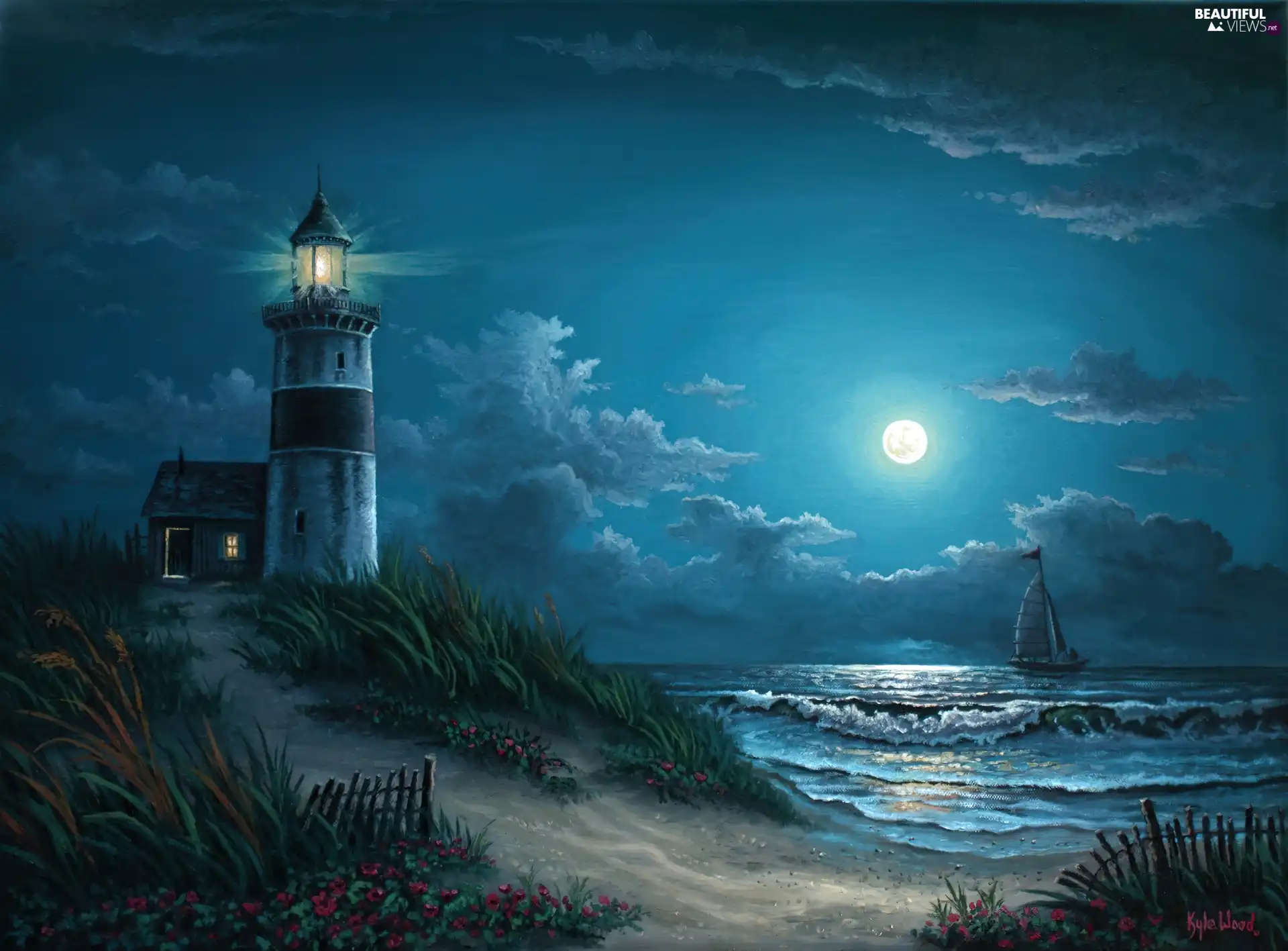 Lighthouses, Night, moon, sea