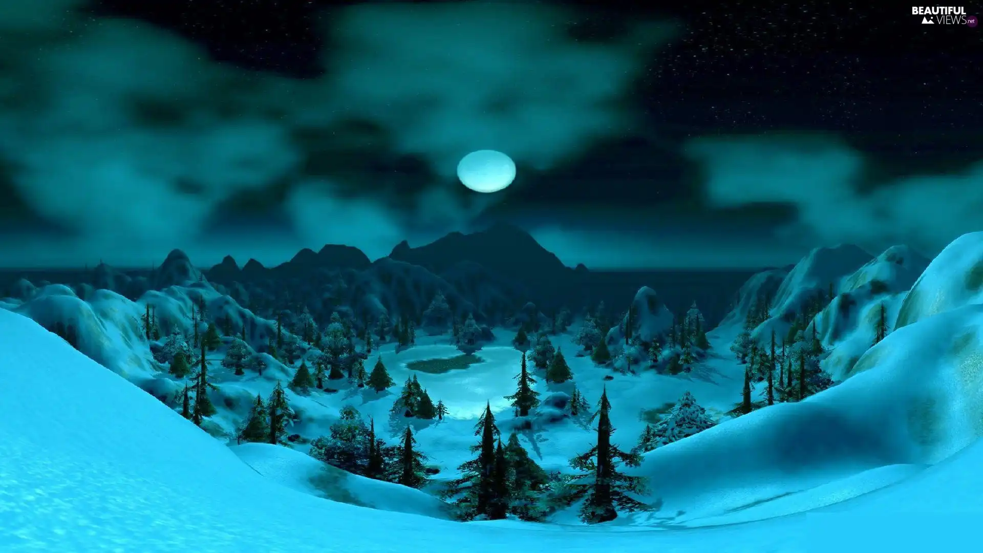 viewes, winter, moon, Night, Mountains, trees