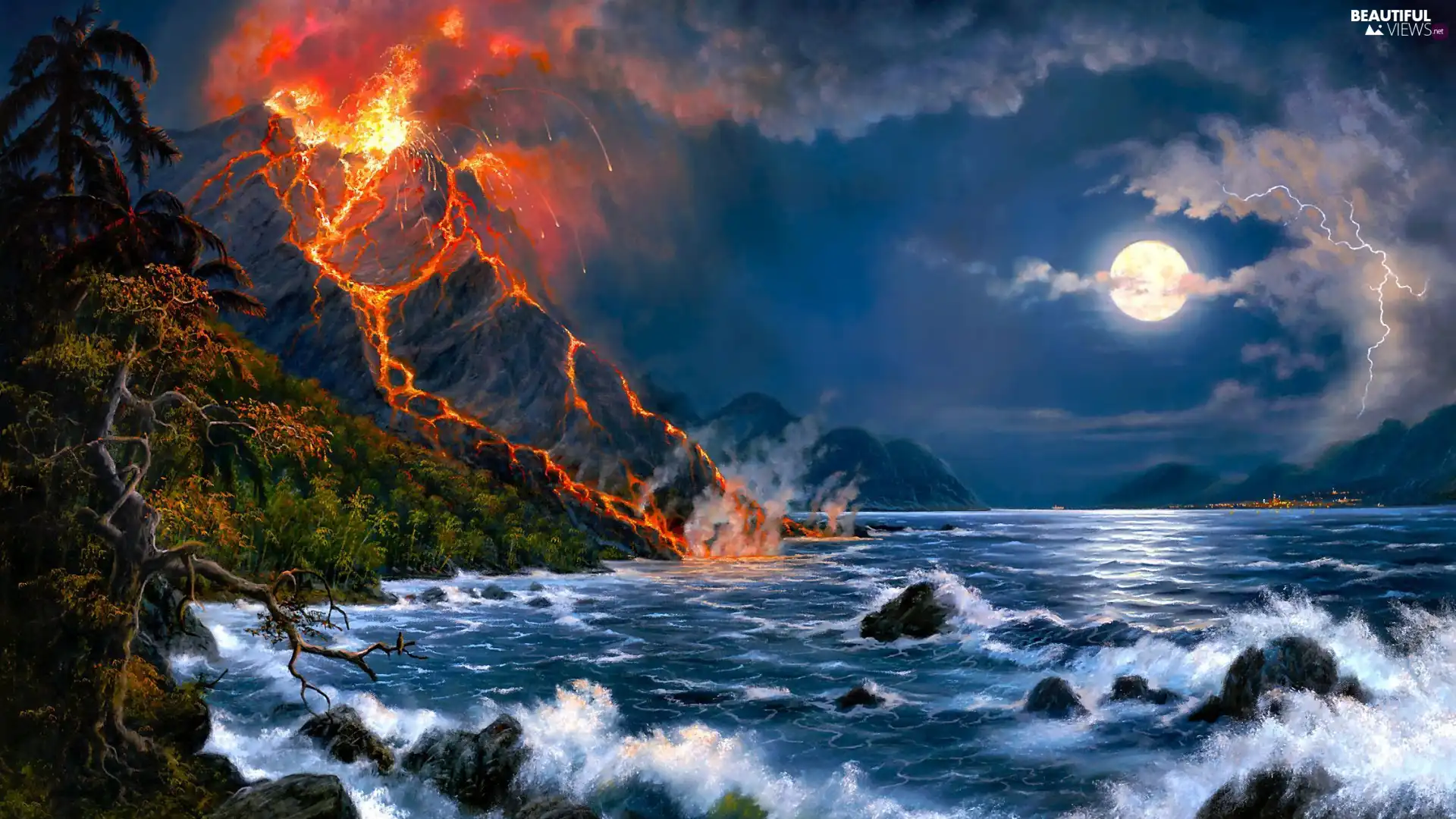 Night, volcano, moon, Mountains