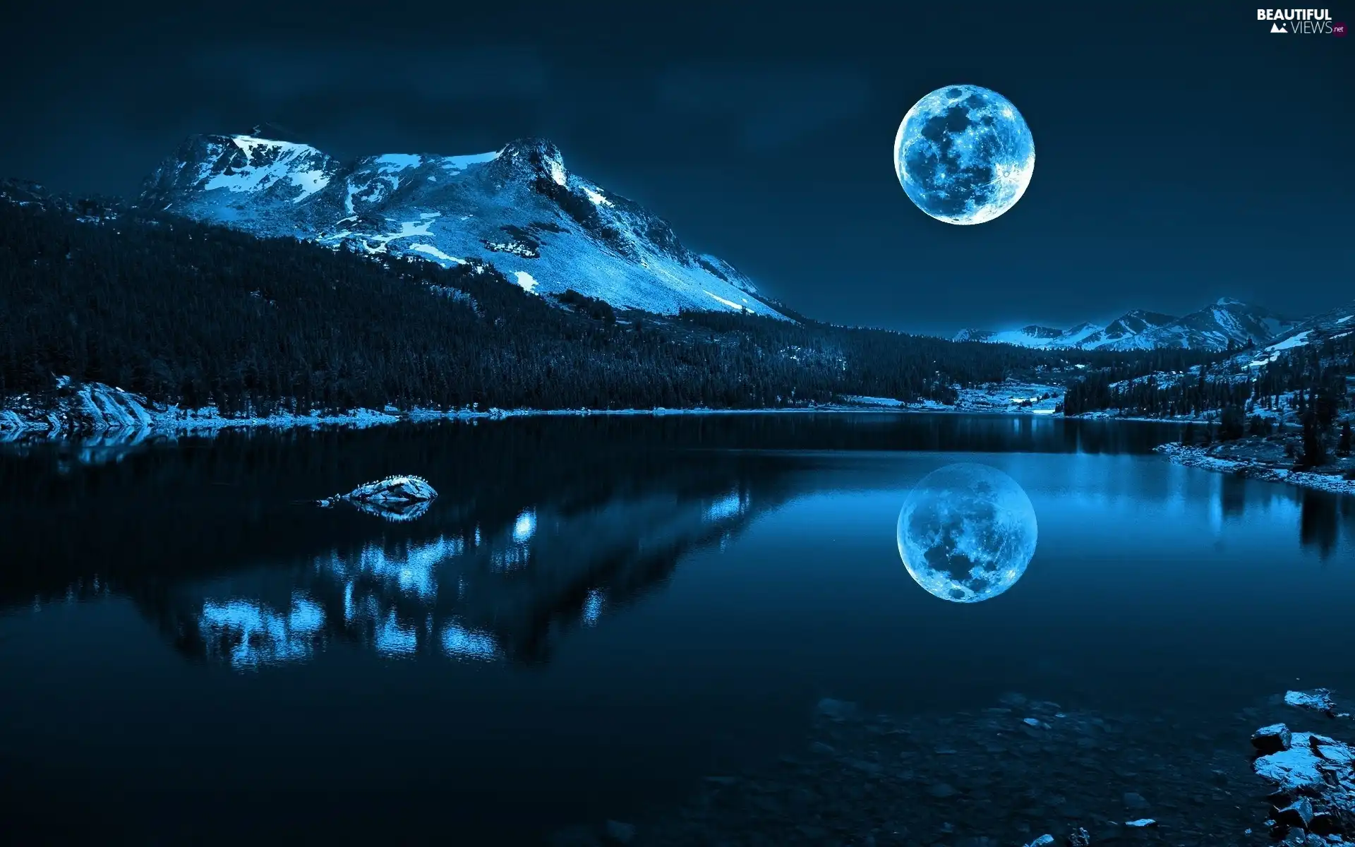 River, winter, moon, Mountains