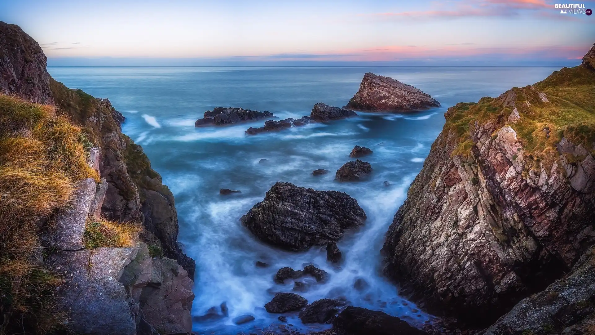 sea, rocks, grass, morning