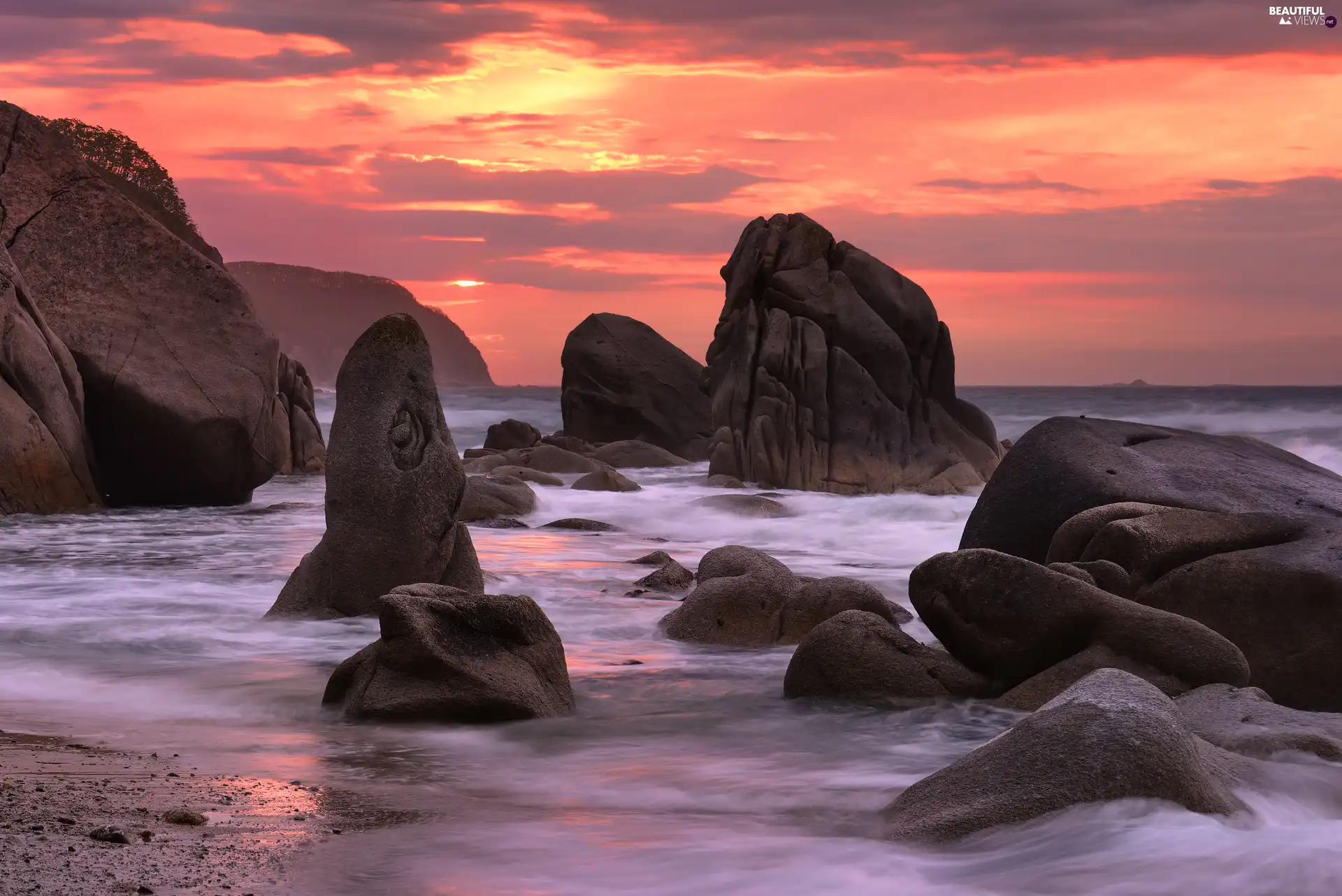 Sunrise, sea, rocks, morning