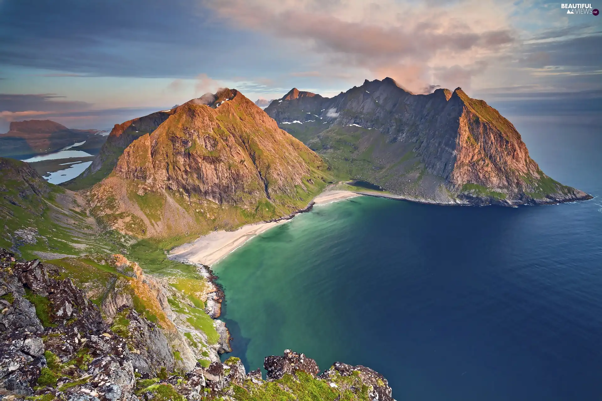 Moskenesoya Island, Norway, sea, Kvalvika Beach, Mountains, Lofoten