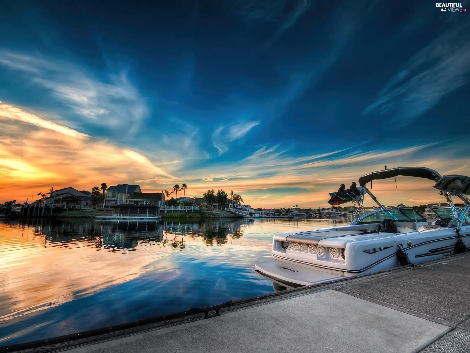 Motor boat, River, sun, Sky, west