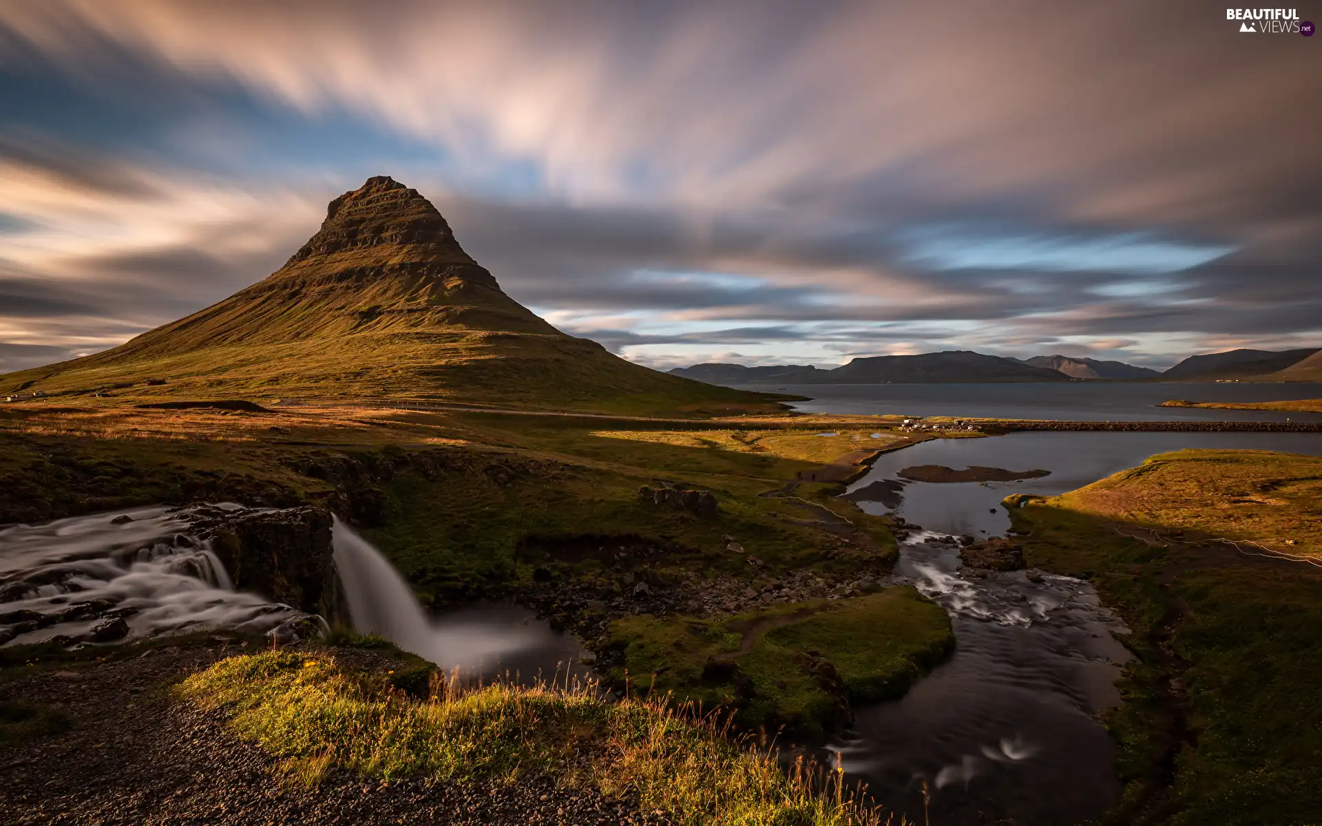 River, iceland, clouds, Kirkjufellsfoss Waterfall, grass, Kirkjufell Mountain