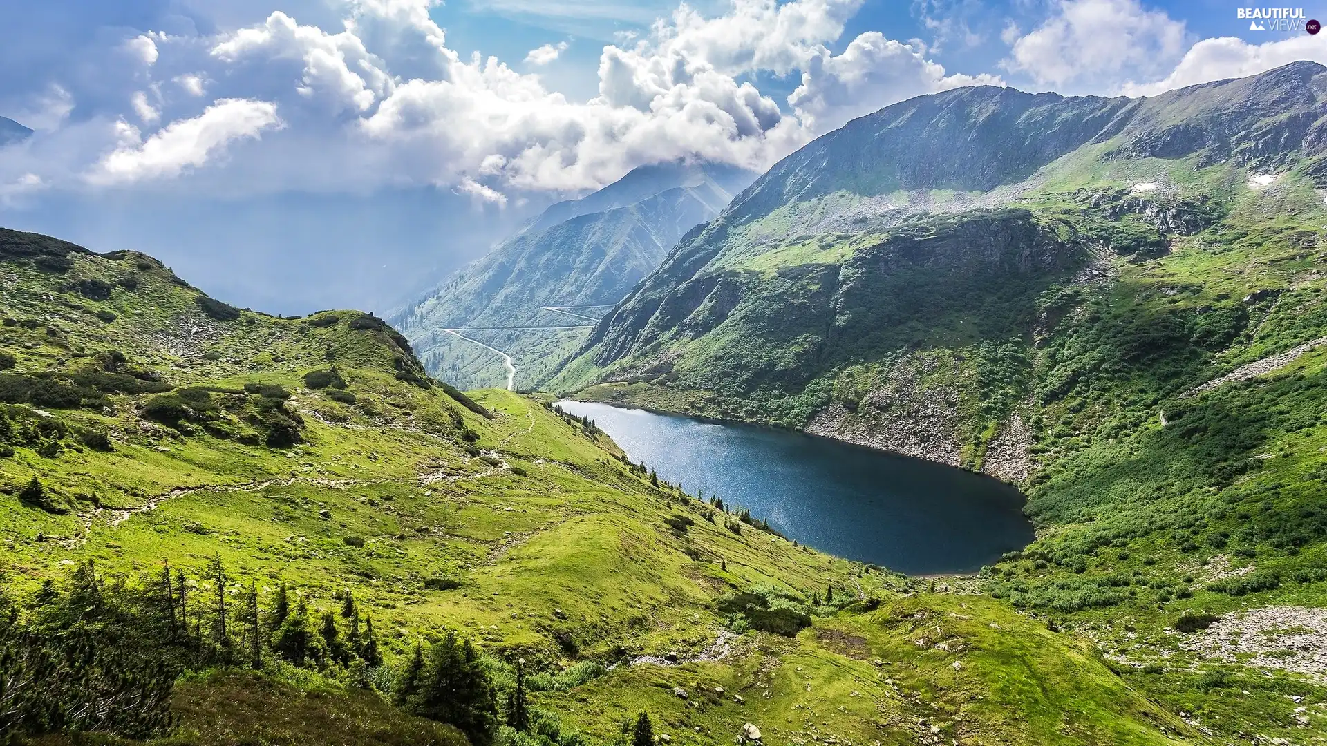 Trails, mountain, lake, medows, Mountains