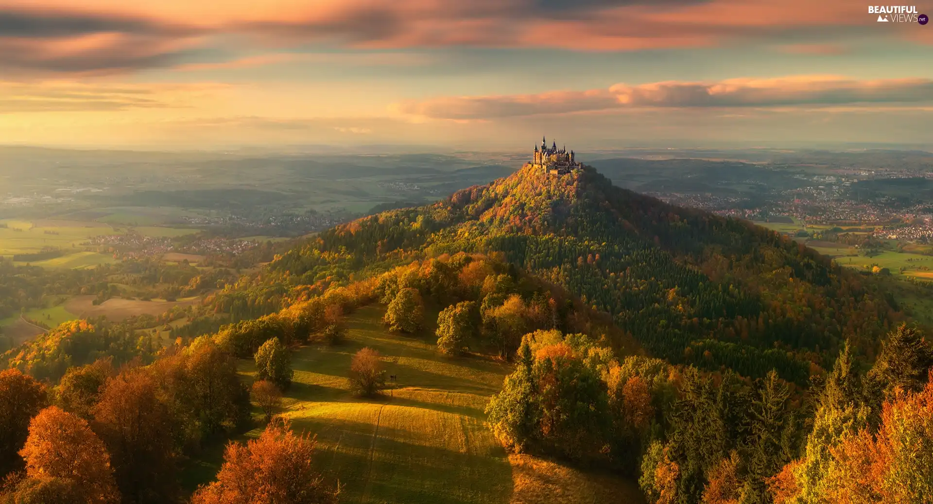 trees, Hohenzollern Castle, Germany, clouds, forest, Hohenzollern Mountain, Baden-Württemberg, The Hills, viewes, autumn