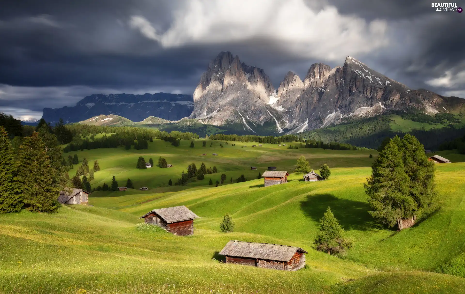 Val Gardena Valley, Seiser Alm Meadow, Dolomites, Sassolungo Mountains, viewes, Italy, Houses, trees, Fog