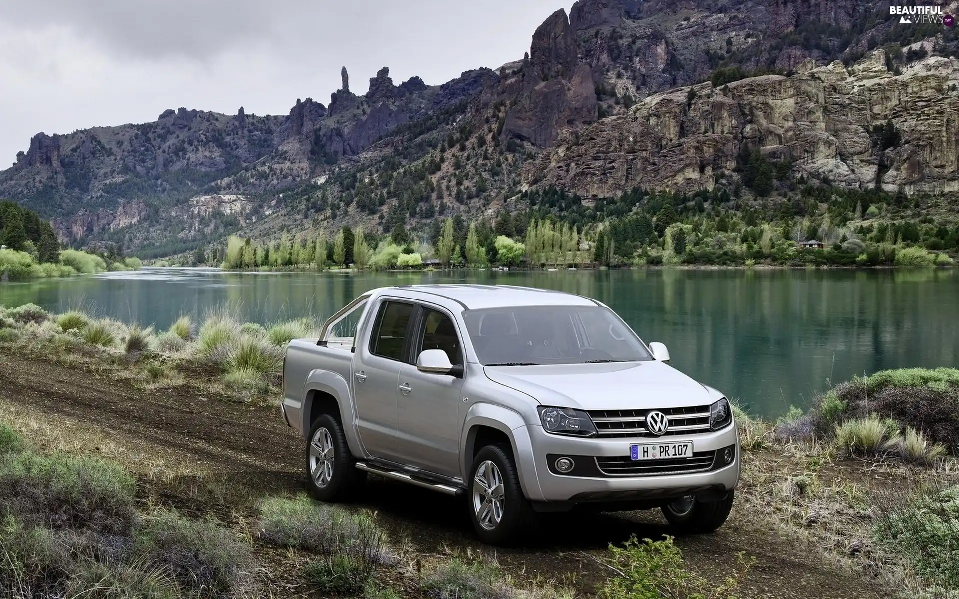 volkswagen amarok, lake, Mountains