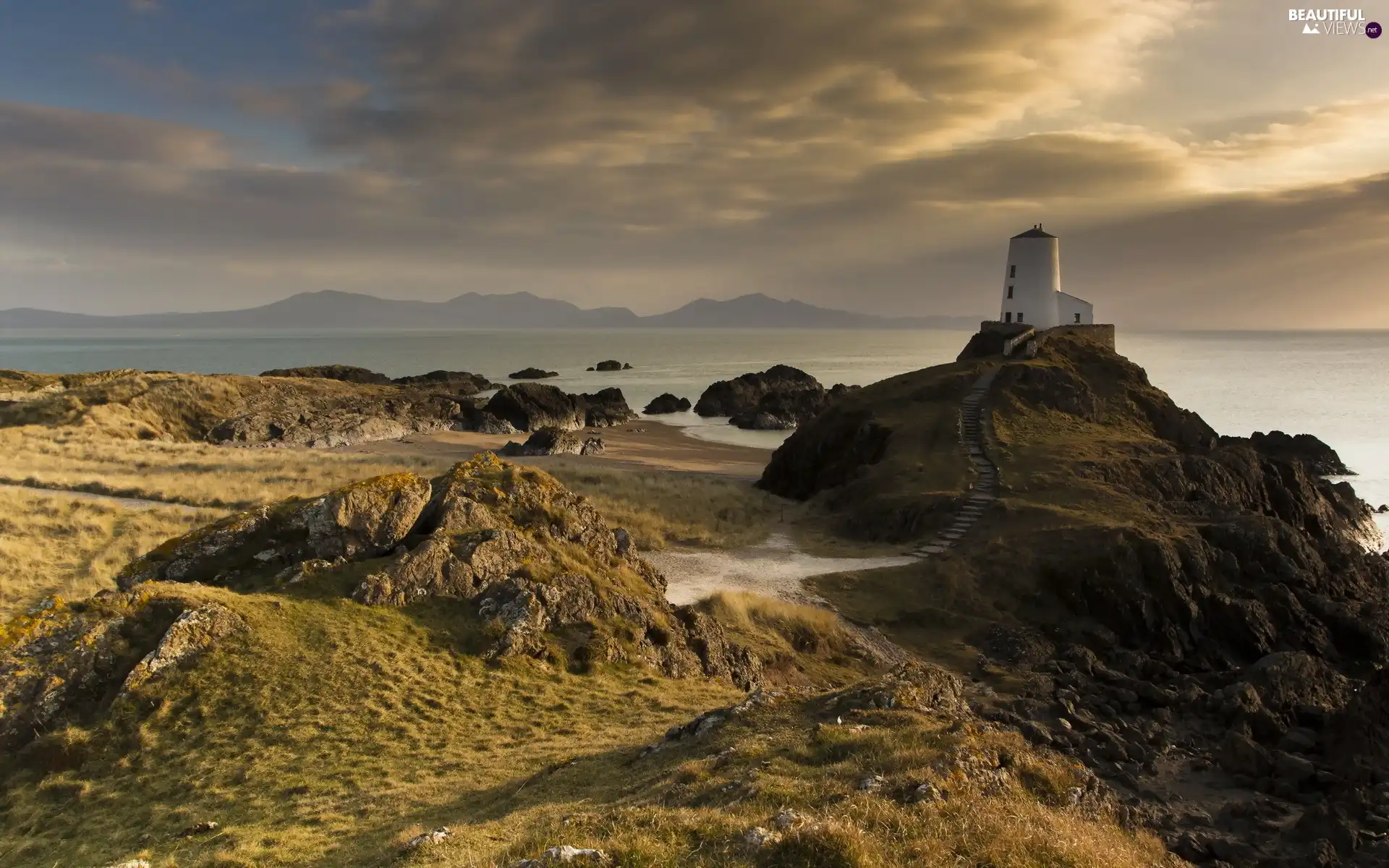 rocks, maritime, clouds, sea, Lighthouse, Mountains, autumn