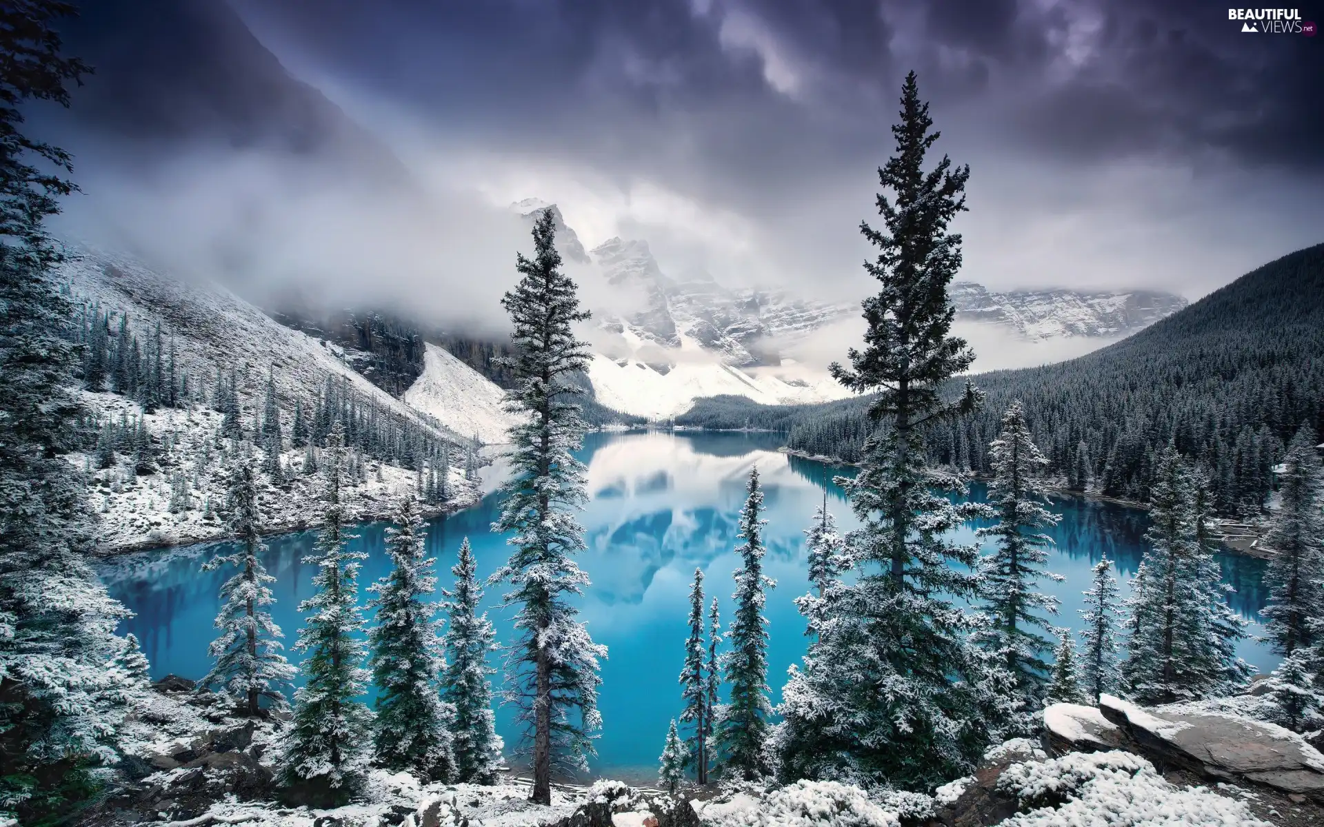 Spruces, trees, Banff National Park, Mountains, Canada, Moraine Lake, snow, lake, Fog, winter, viewes, Province of Alberta, clouds
