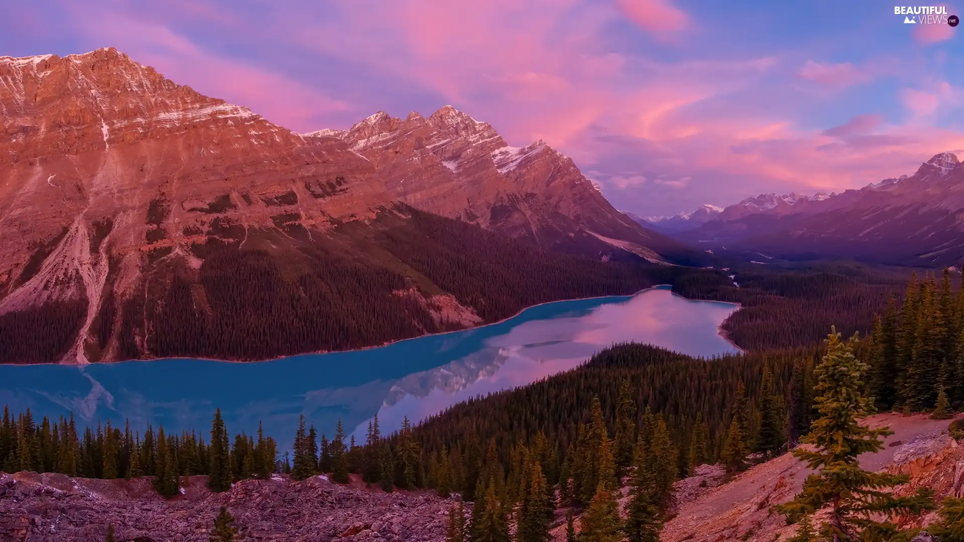 Peyto Lake, Banff National Park, rocks, trees, Alberta, Canada, Mountains, clouds, viewes