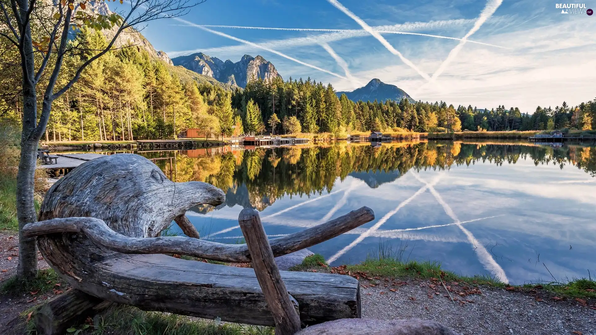 trees, lake, Bench, Mountains, autumn, viewes, reflection