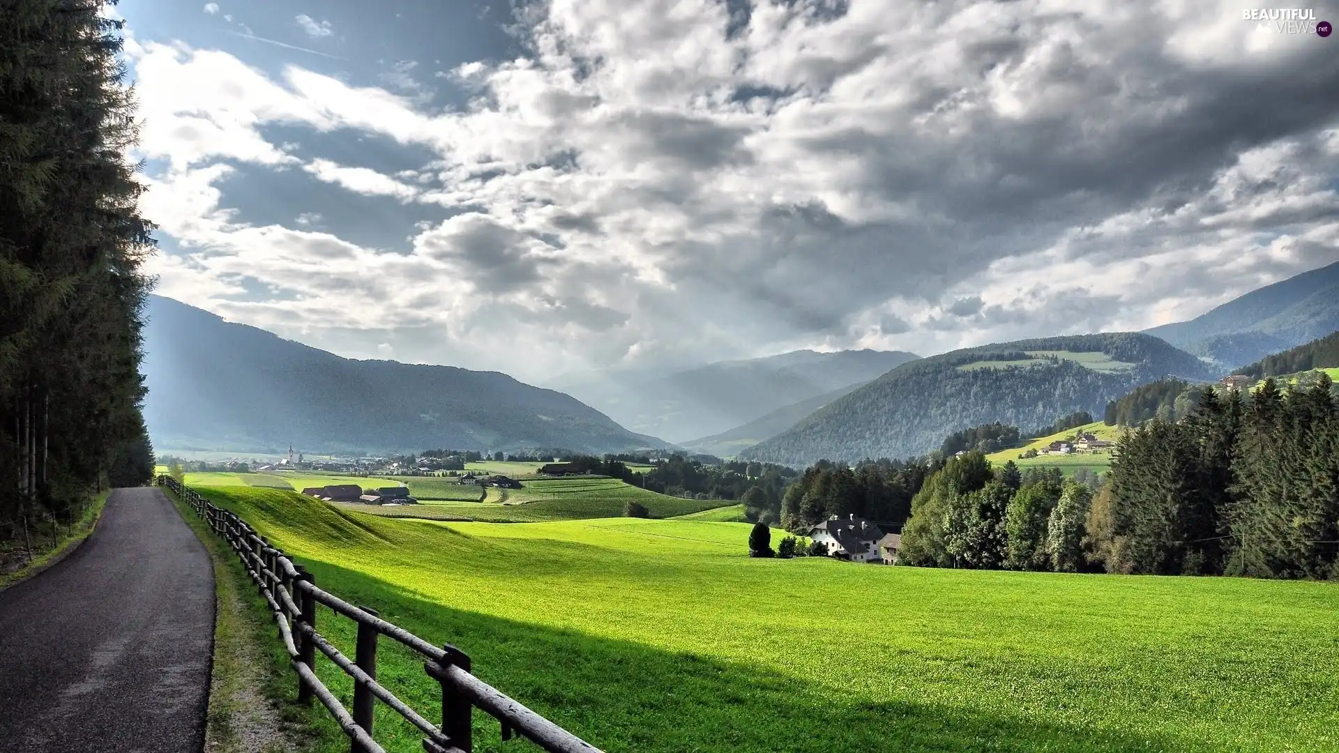 Mountains, clouds, woods, Meadow, Way