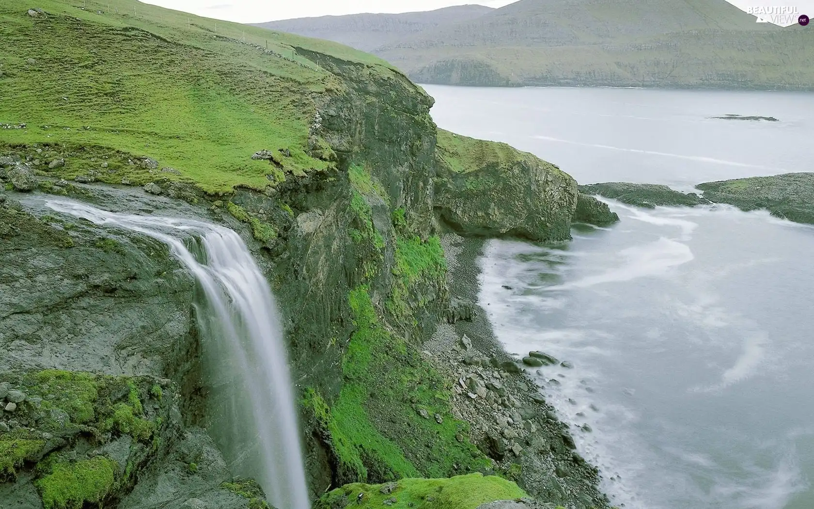 Coast, waterfall, Mountains, rocks