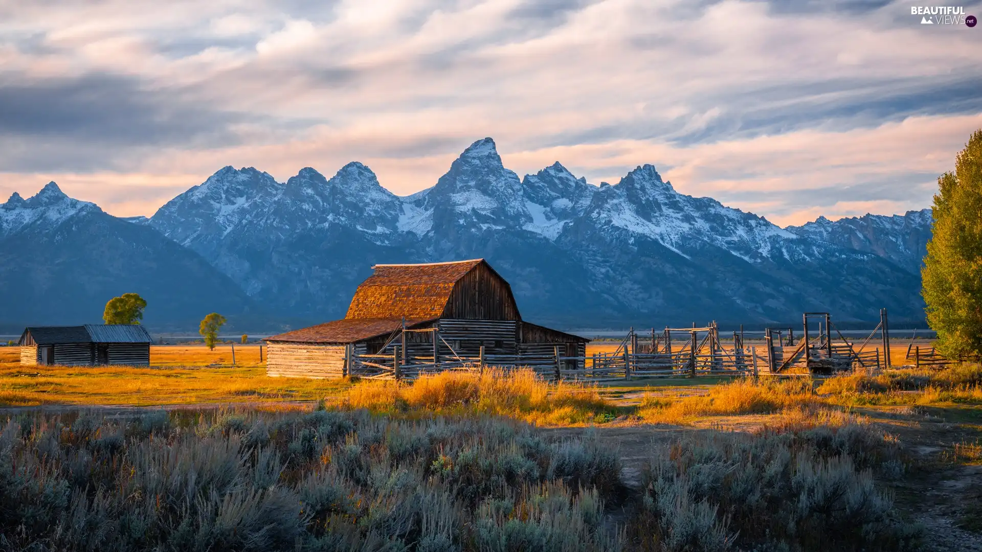 Wooden, Barn, cottage, Teton Range Mountains, State of Wyoming, The United States, viewes, Grand Teton National Park, trees