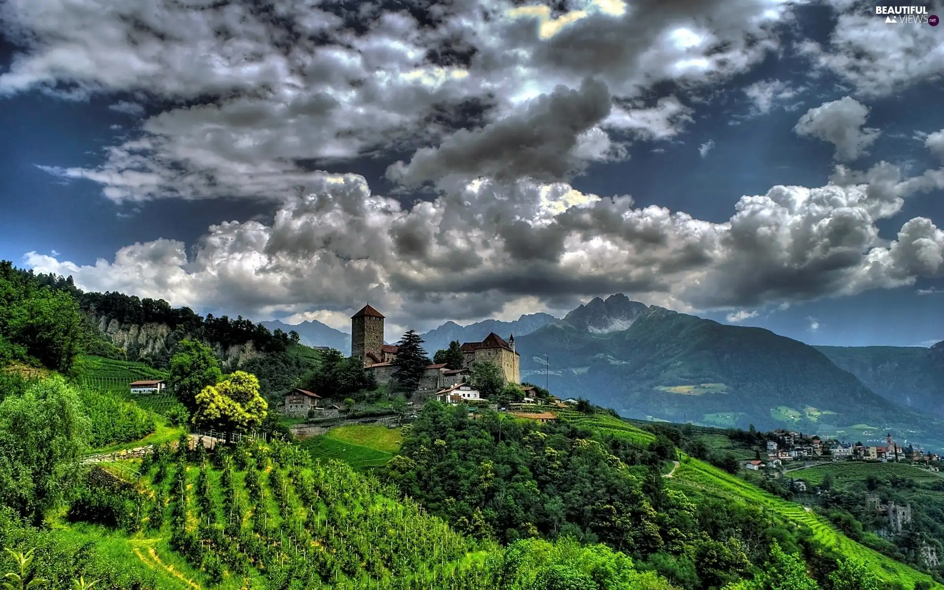 field, Mountains, Austria, clouds, Tirol, medows, village, South