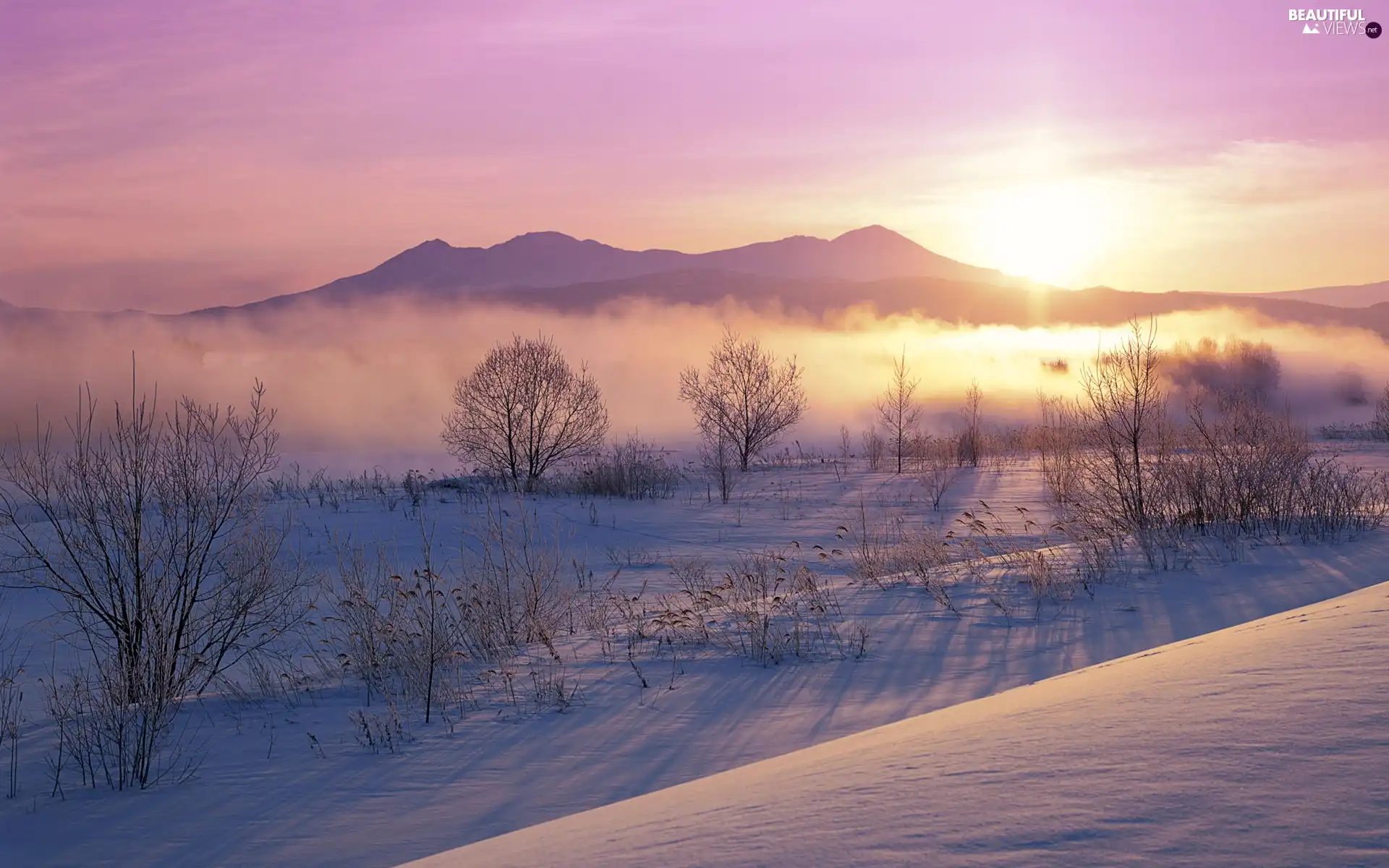 Mountains, winter, Fog