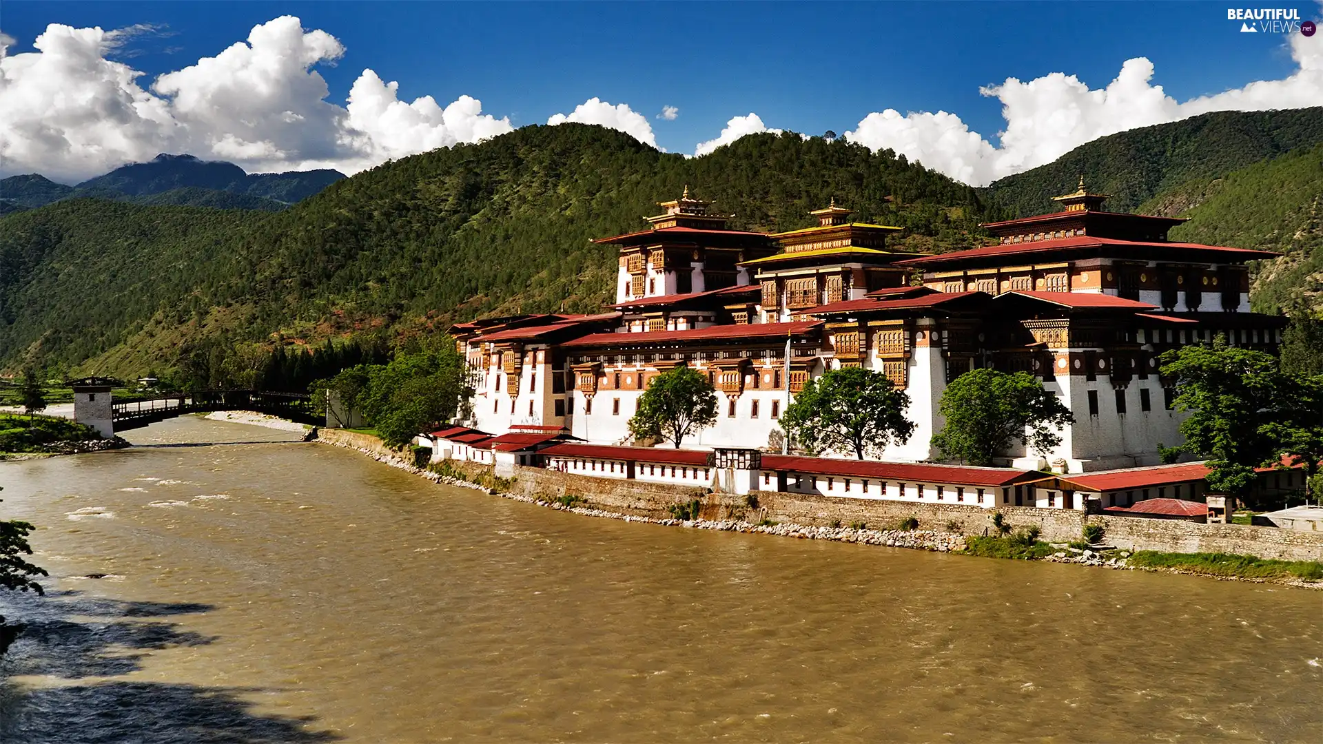 River, China, Mountains, forest, bridge, palace