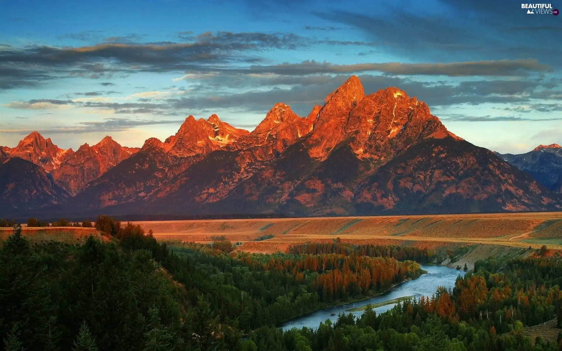 Mountains, River, forest