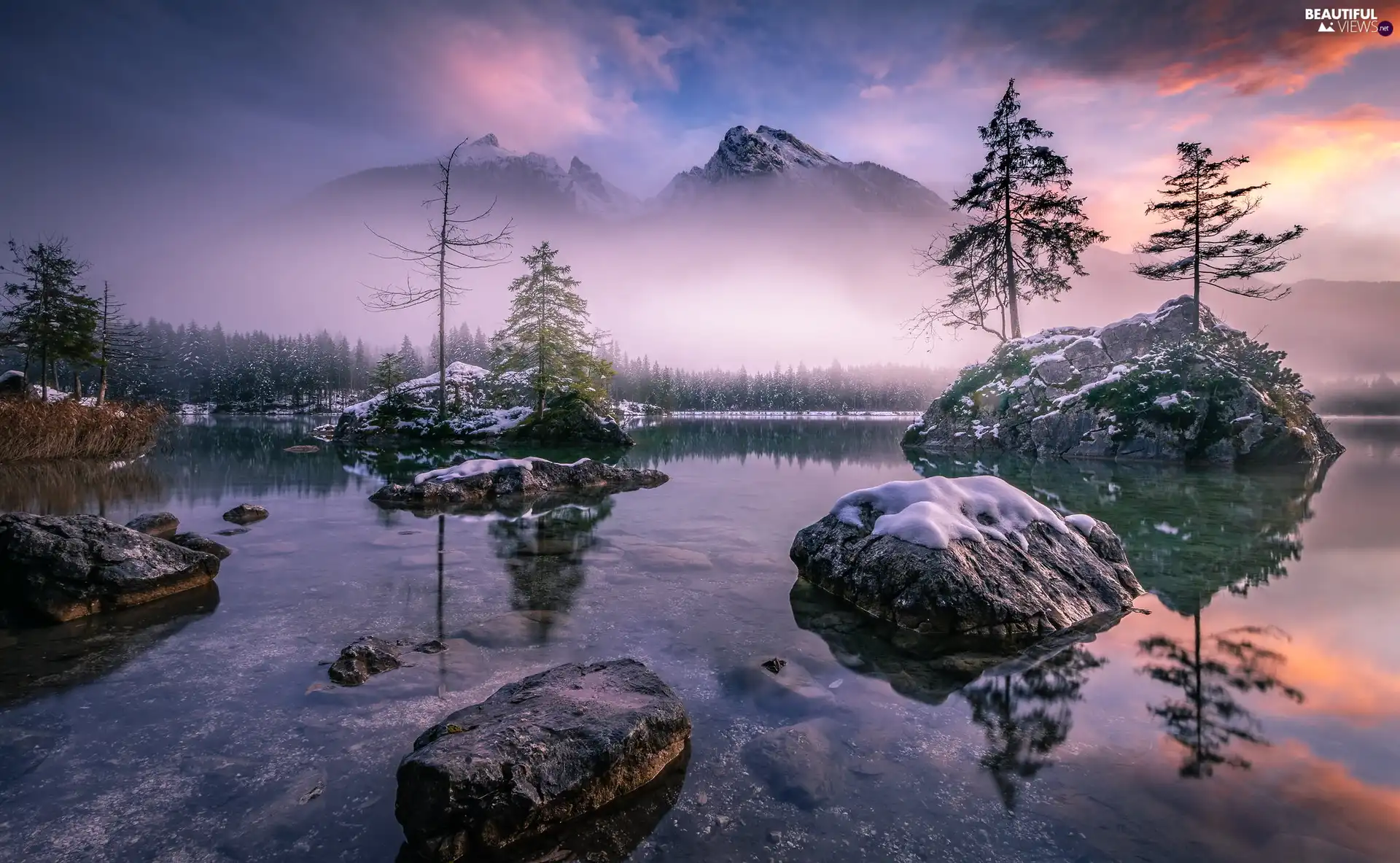 Stones, viewes, Bavaria, Fog, Germany, Alps, Lake Hintersee, Mountains, snow, winter, rocks, Berchtesgaden, trees