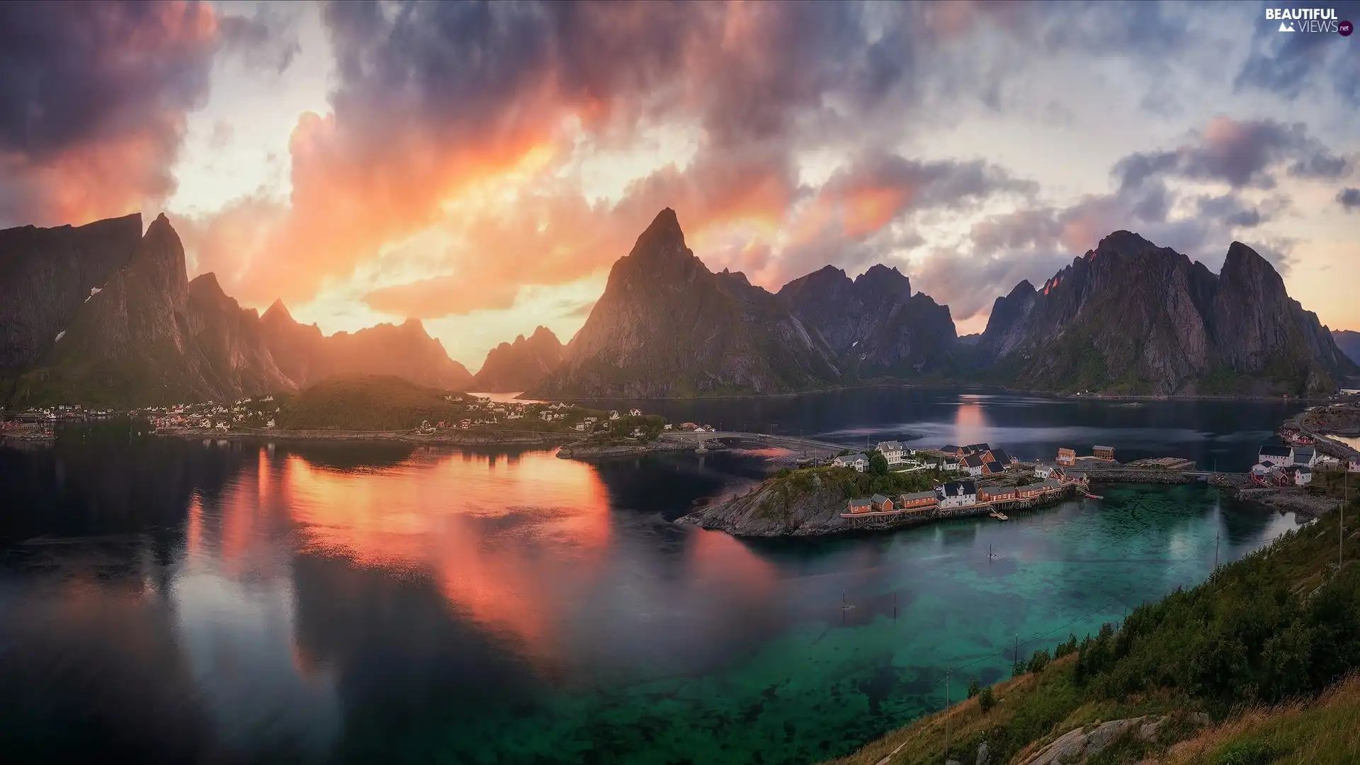 Mountains, Villages, Norway, Houses, Lofoten, clouds, Great Sunsets, sea