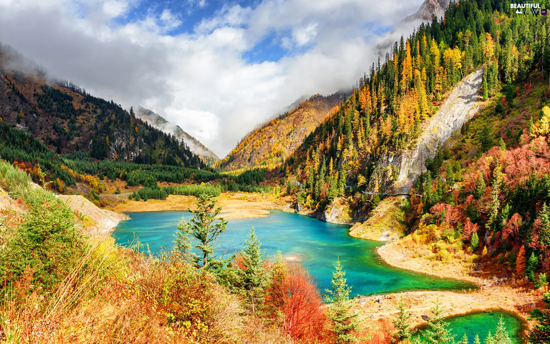 Mountains, Jiuzhaigou National Park, trees, lake, China, The Hills, viewes