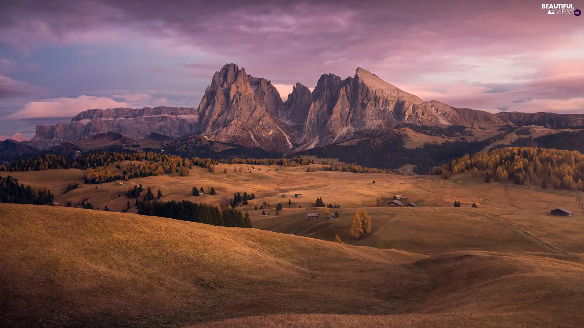 Val Gardena Valley, Seiser Alm Meadow, Sassolungo Mountains, Dolomites, viewes, Italy, Houses, trees, The Hills