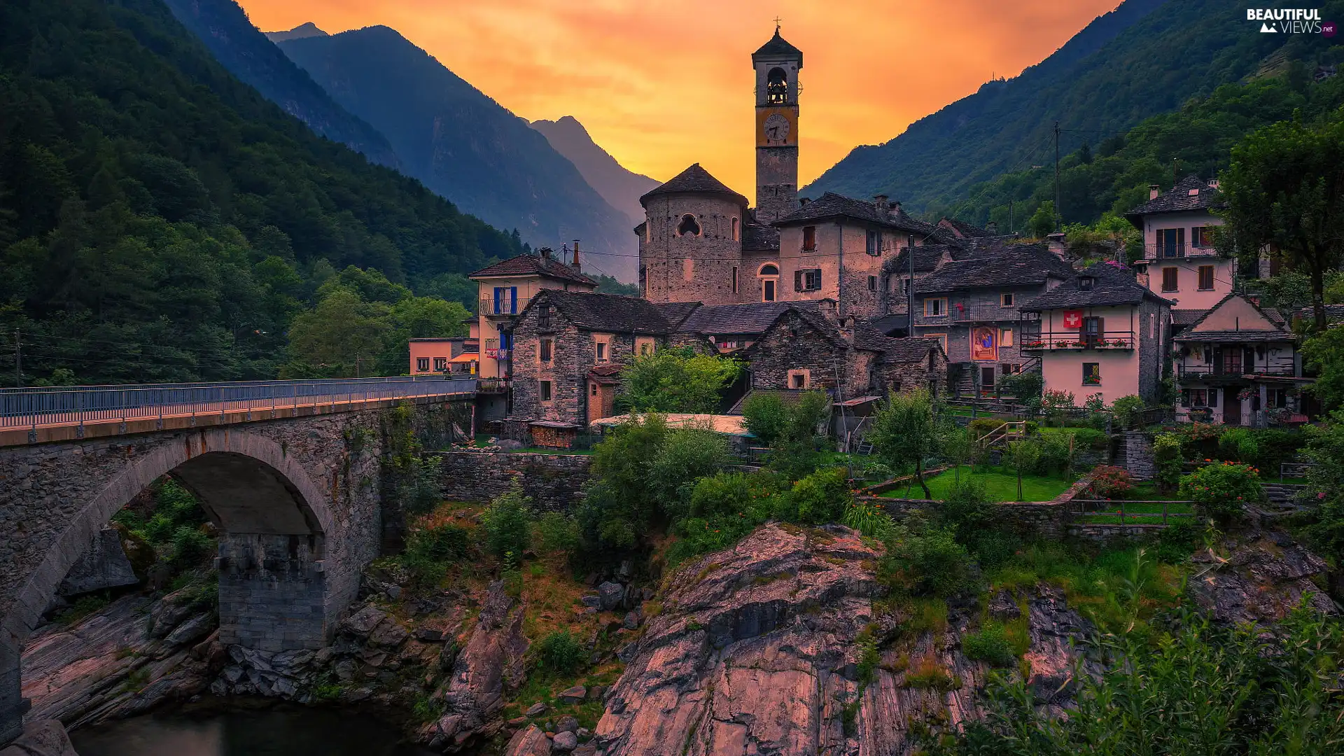 Mountains, bridge, Switzerland, River, Ticino Canton, Houses, Church, Lavertezzo