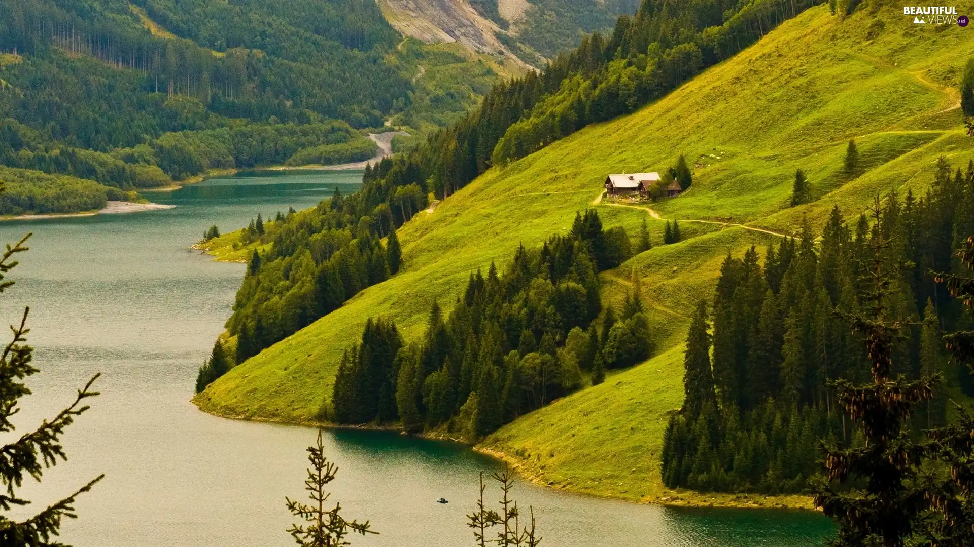 viewes, River, Mountains, Houses, slope, trees