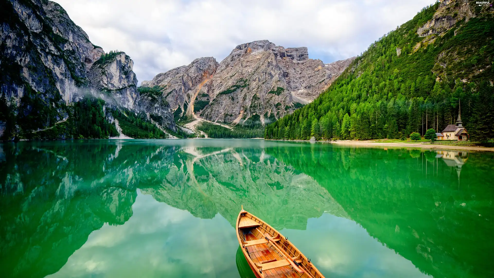 Mountains, Dolomites, woods, Pragser Wildsee Lake, Church, Tirol, Italy, Boat