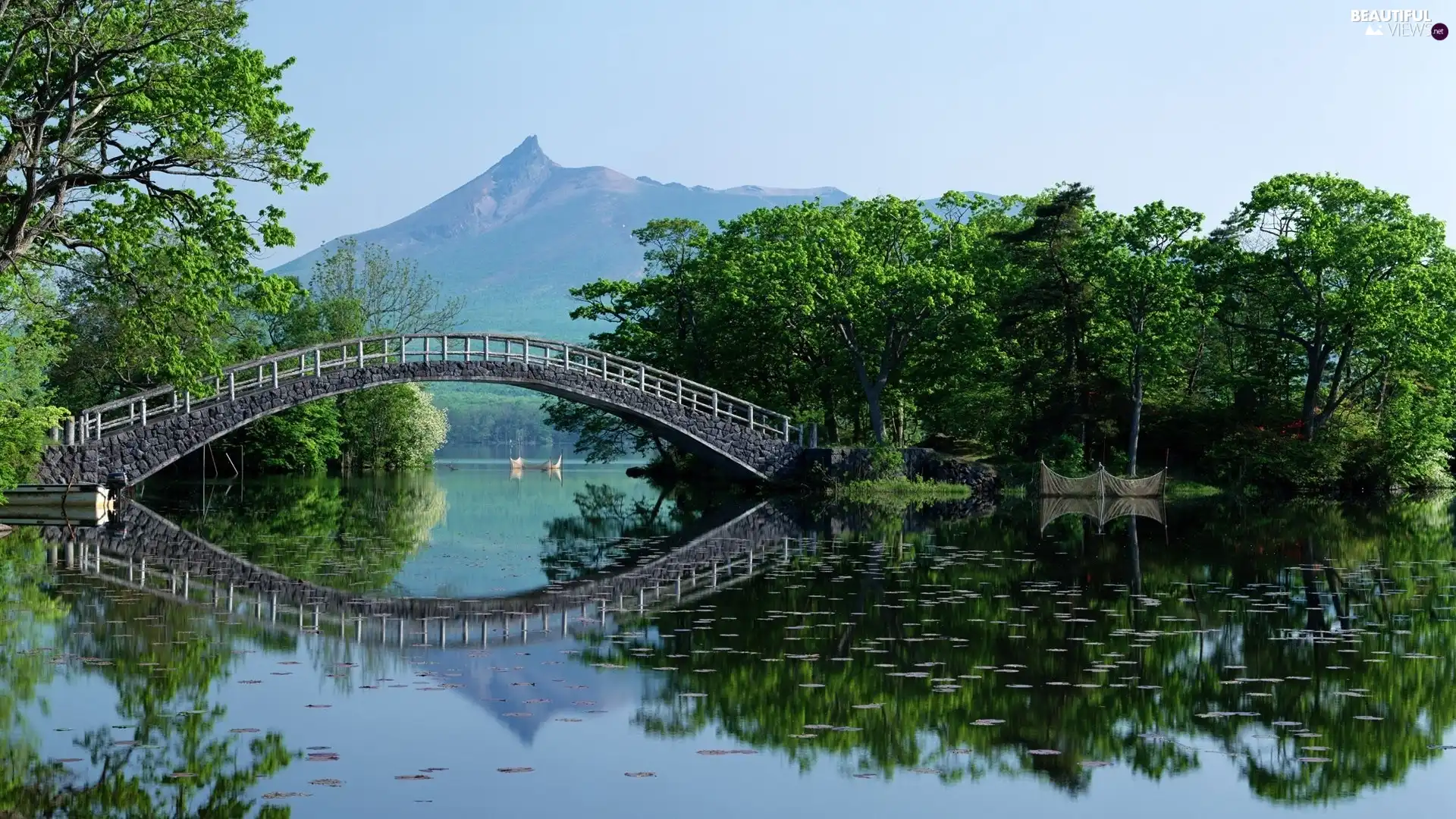 trees, bridges, mountains, Japan, viewes, water