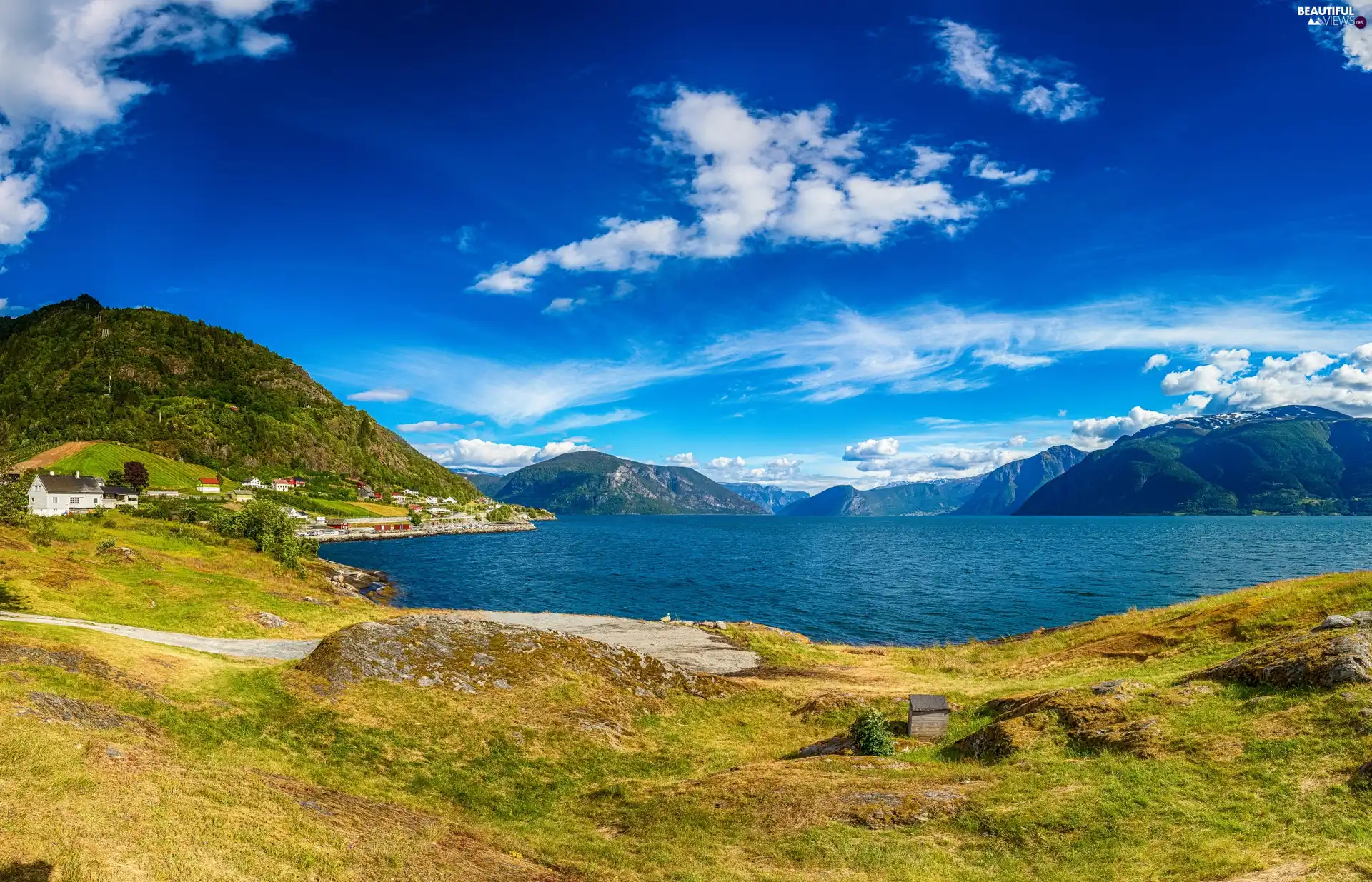 lake, Houses, clouds, Mountains