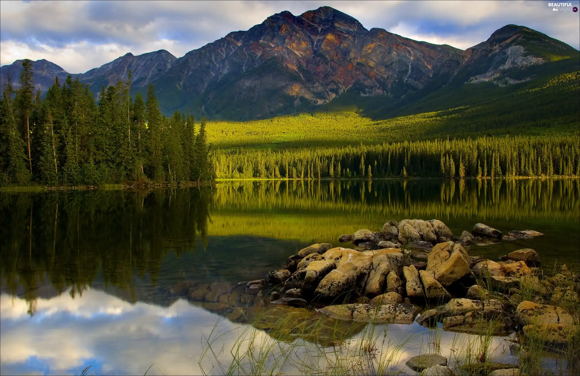 lake, Stones, Mountains, forest