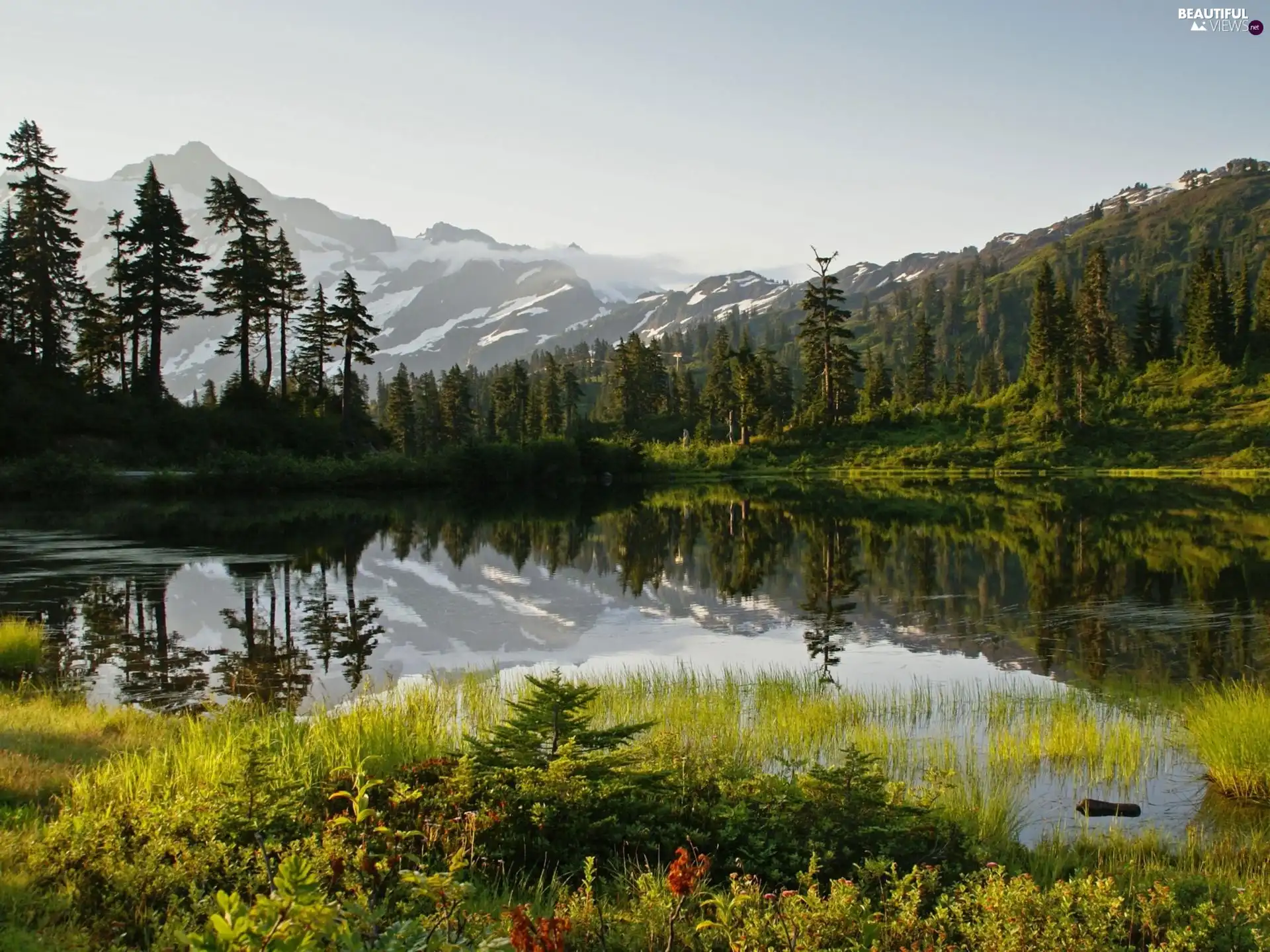 lake, viewes, Mountains, trees